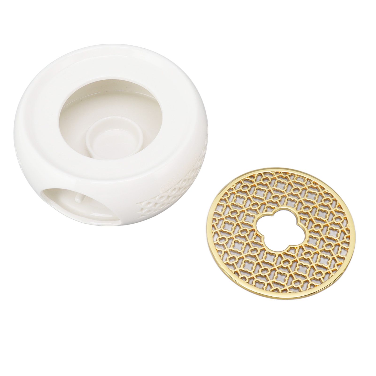Porcelain Teapot Heater Hollow Frame Round Teapot Warmer Base with Alloy Cushion and Candle Holder - Image 7