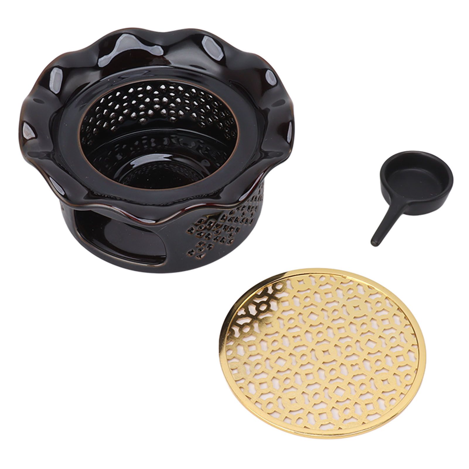 Teapot Warmer Ceramic Alloy Tea Warmer with Tea Light Holder Teapot Mat Hollow Out Flounce Design Black Copper Brown - Image 1