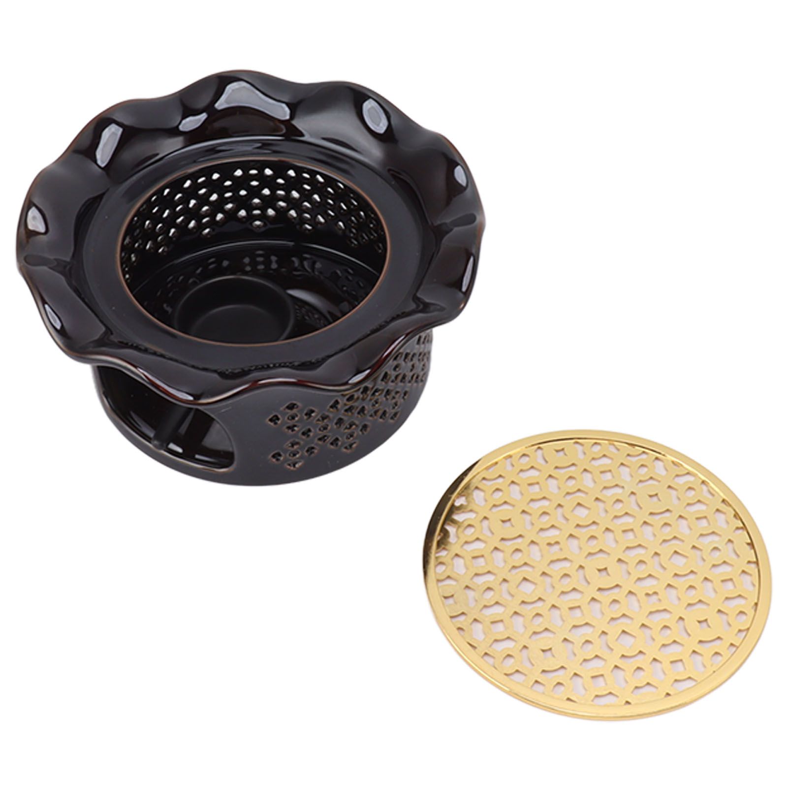 Teapot Warmer Ceramic Alloy Tea Warmer with Tea Light Holder Teapot Mat Hollow Out Flounce Design Black Copper Brown - Image 2