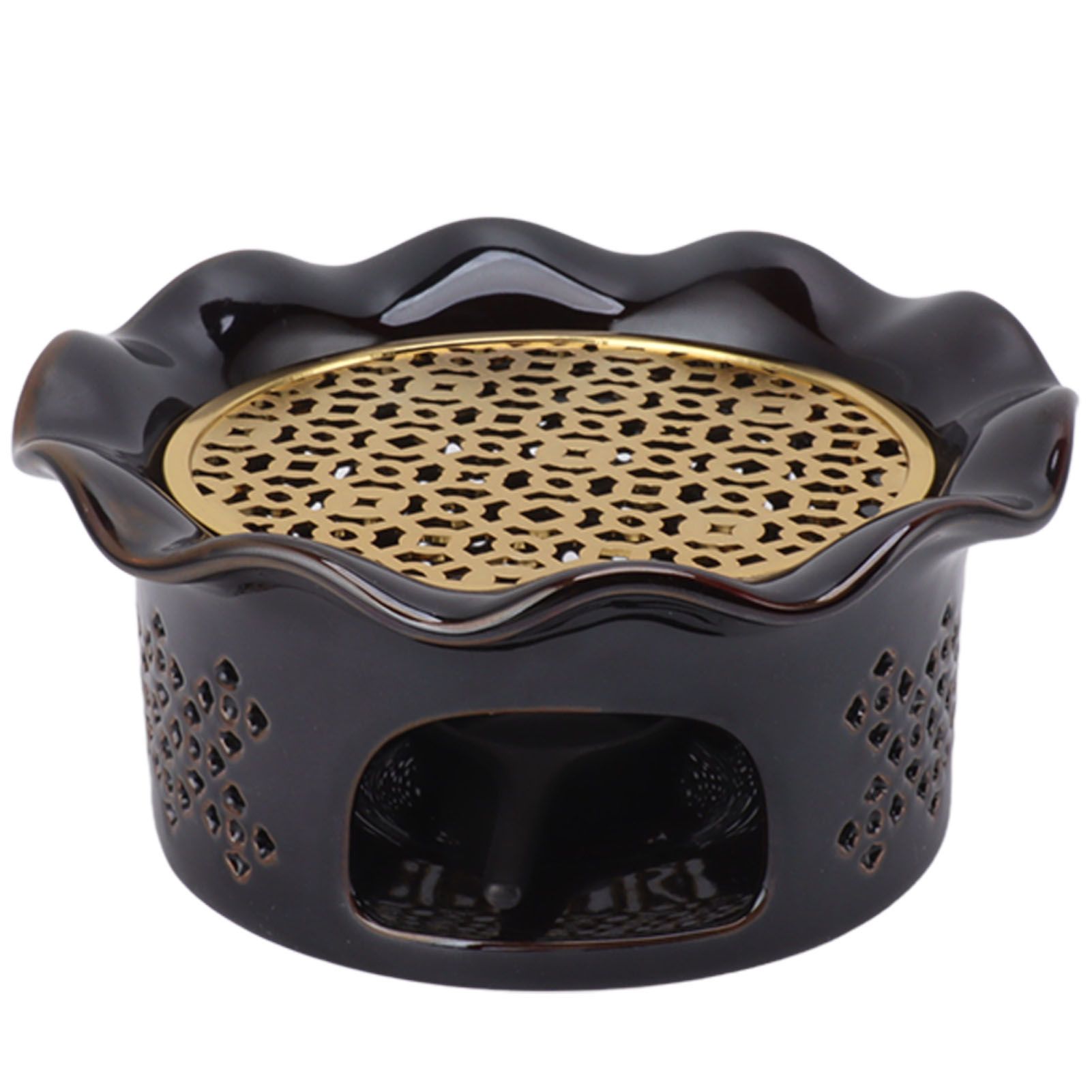 Teapot Warmer Ceramic Alloy Tea Warmer with Tea Light Holder Teapot Mat Hollow Out Flounce Design Black Copper Brown - Image 3