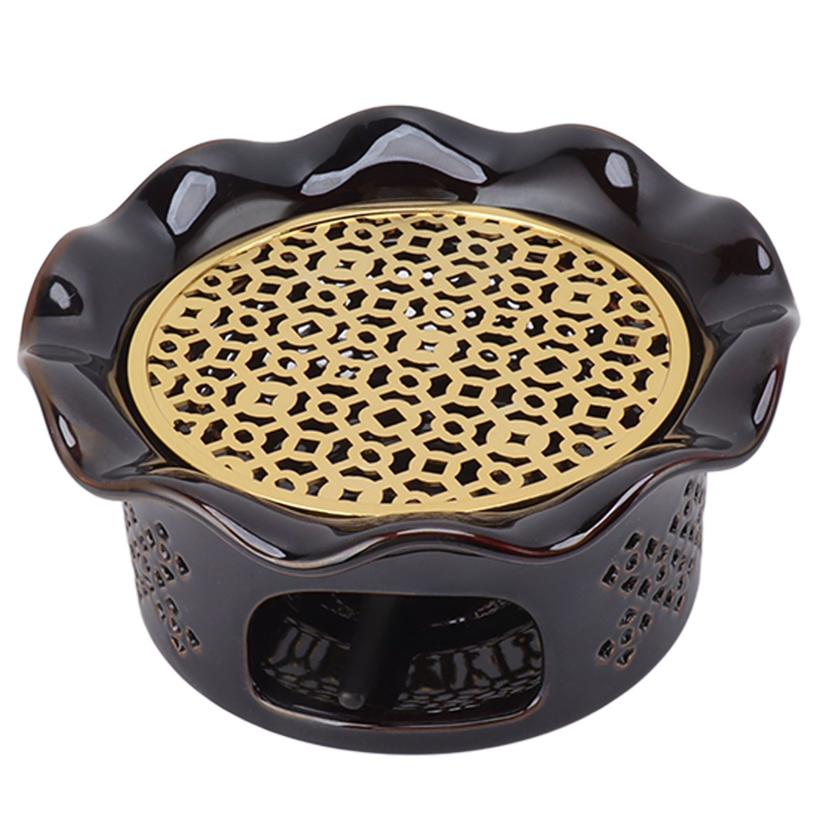 Teapot Warmer Ceramic Alloy Tea Warmer with Tea Light Holder Teapot Mat Hollow Out Flounce Design Black Copper Brown - Image 4