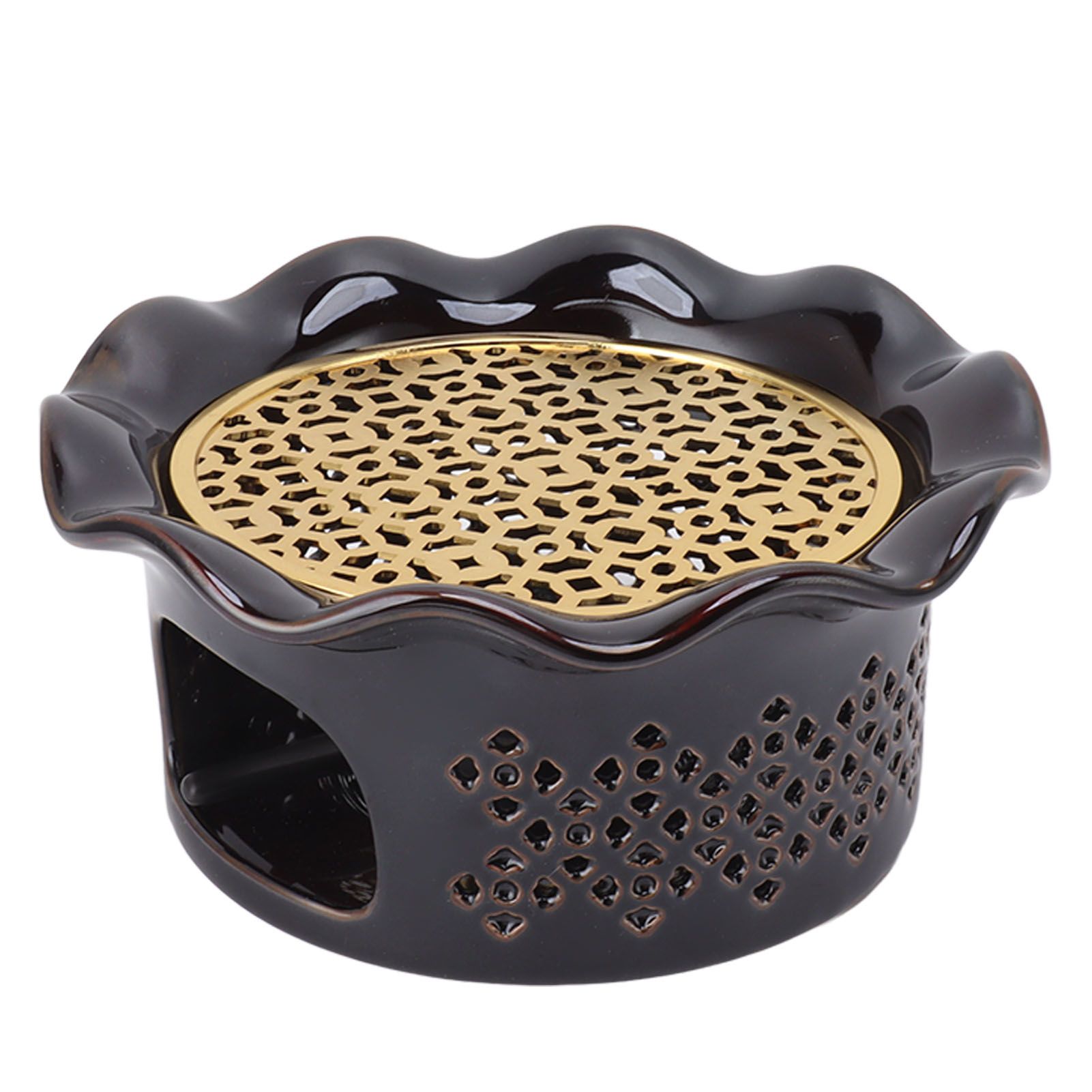 Teapot Warmer Ceramic Alloy Tea Warmer with Tea Light Holder Teapot Mat Hollow Out Flounce Design Black Copper Brown - Image 5