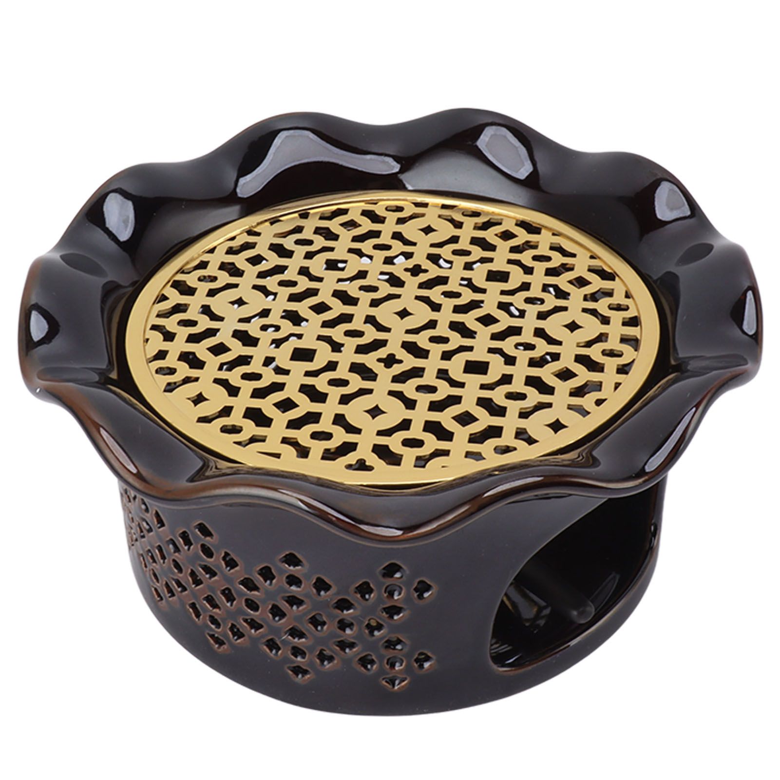 Teapot Warmer Ceramic Alloy Tea Warmer with Tea Light Holder Teapot Mat Hollow Out Flounce Design Black Copper Brown - Image 6