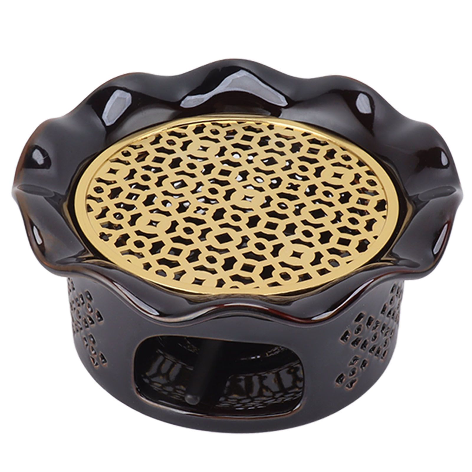 Teapot Warmer Ceramic Alloy Tea Warmer with Tea Light Holder Teapot Mat Hollow Out Flounce Design Black Copper Brown - Image 8
