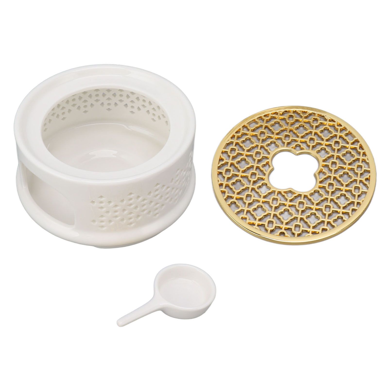 Teapot Warmer Tea Coffee Warmer Base Ceramic Heater with Spoon Lid and Candle Holder White - Image 1