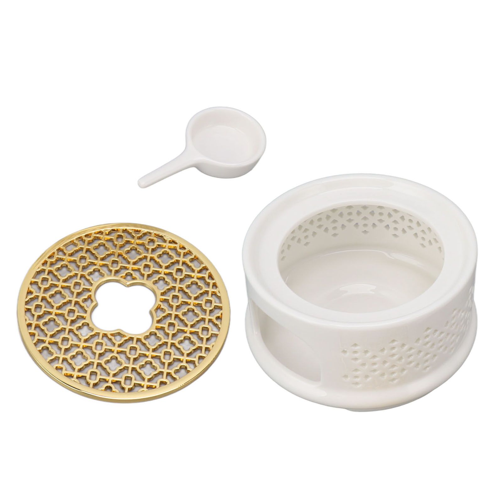 Teapot Warmer Tea Coffee Warmer Base Ceramic Heater with Spoon Lid and Candle Holder White - Image 2