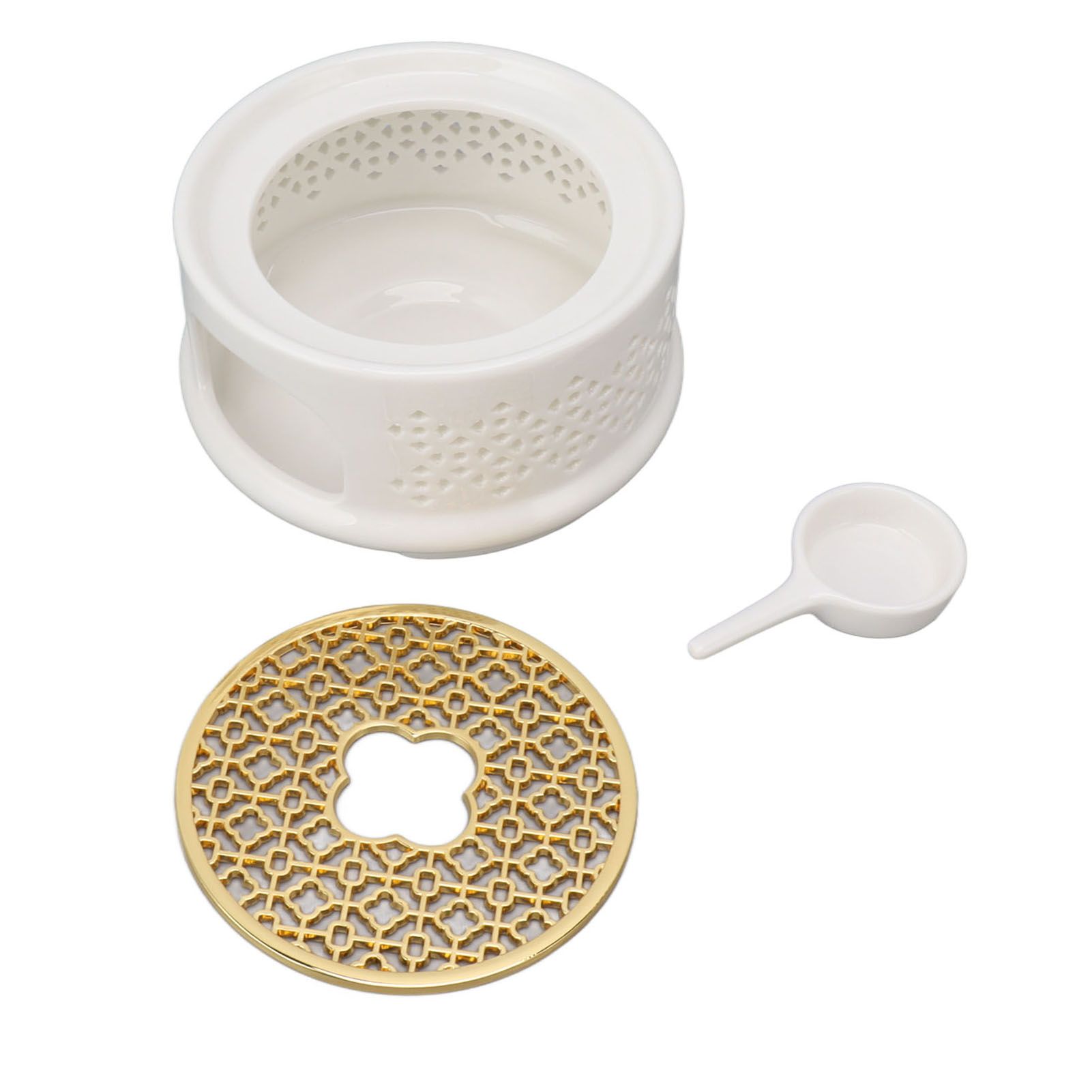 Teapot Warmer Tea Coffee Warmer Base Ceramic Heater with Spoon Lid and Candle Holder White - Image 3
