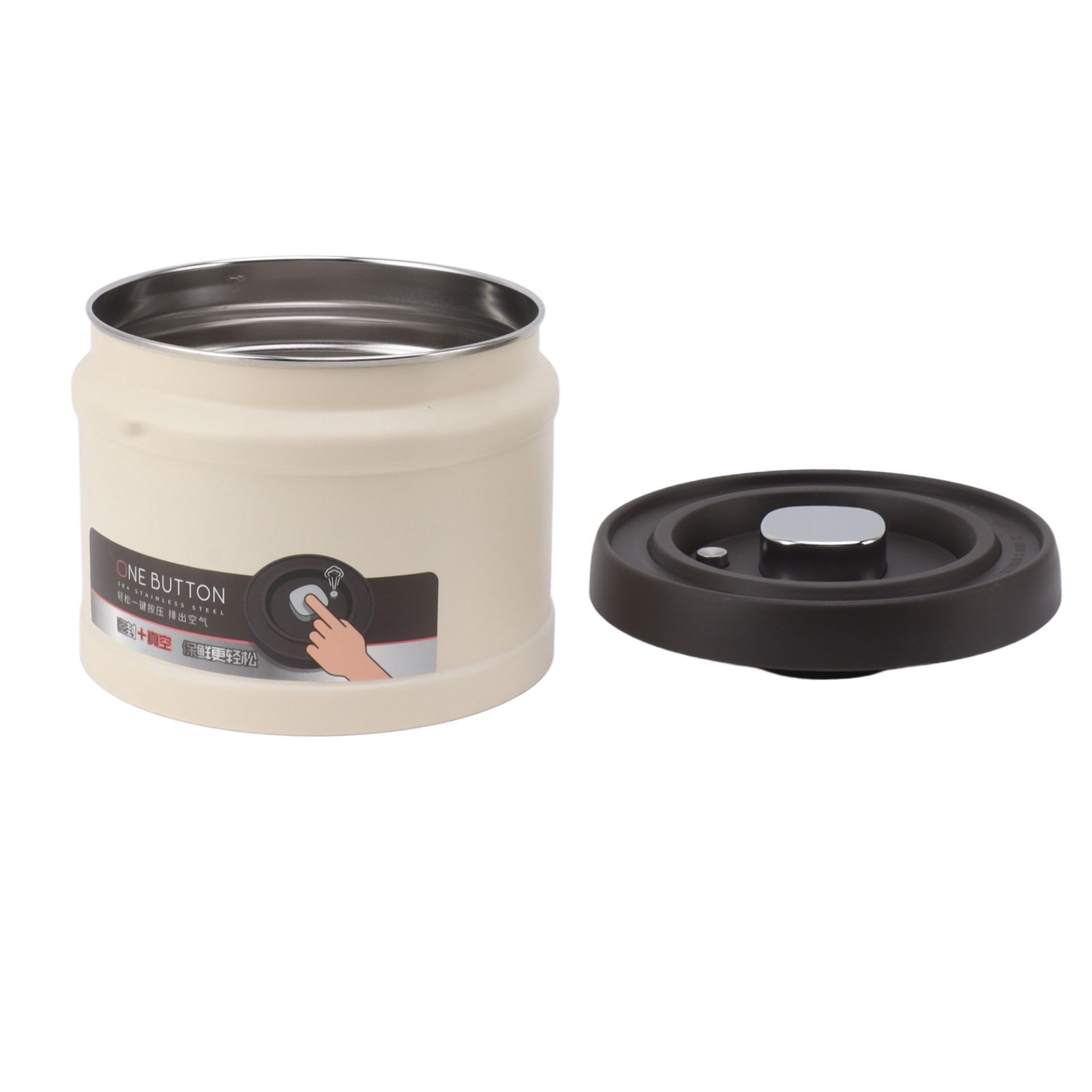 Vacuum Sealed Coffee Container 304 Stainless Steel Press Type Airtight Food Storage Container for Coffee Beans Tea Nuts 1600ML Beige - Image 5