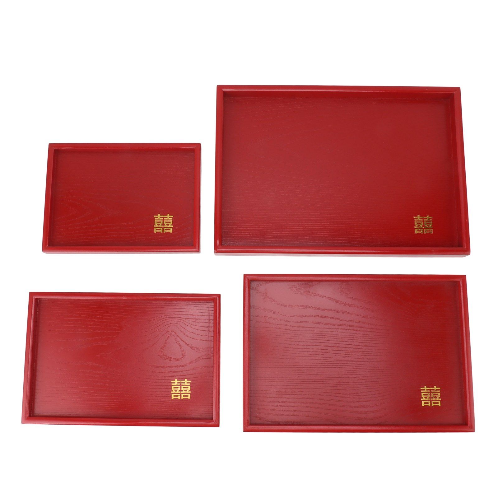 4Pcs Serving Tray Chinese Style Red Wedding Tea Coffee Snack Plate Wooden Fruit Candy Salver Square - Image 1