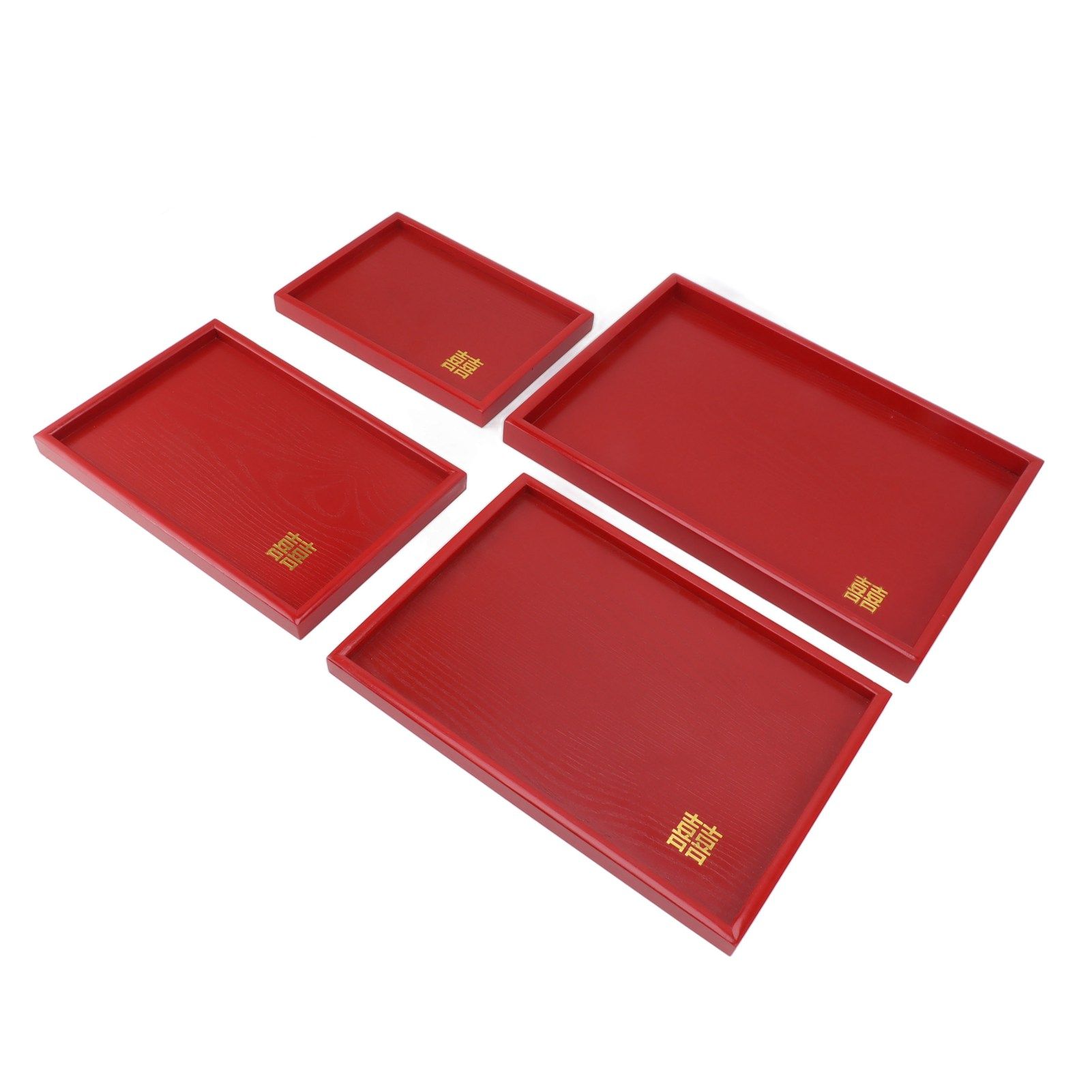 4Pcs Serving Tray Chinese Style Red Wedding Tea Coffee Snack Plate Wooden Fruit Candy Salver Square - Image 3