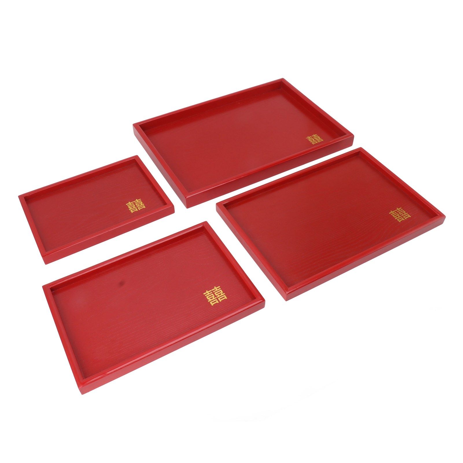 4Pcs Serving Tray Chinese Style Red Wedding Tea Coffee Snack Plate Wooden Fruit Candy Salver Square - Image 4