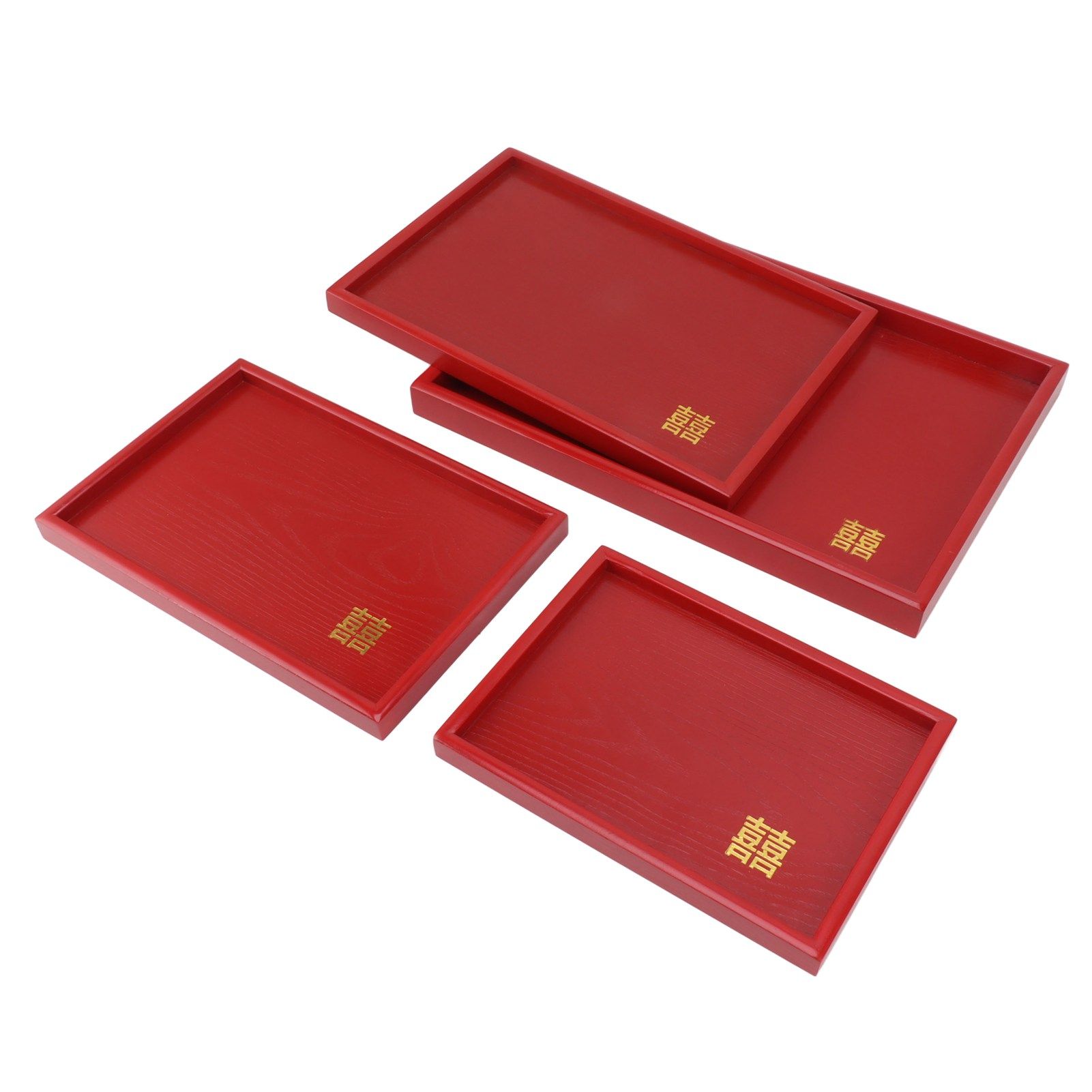 4Pcs Serving Tray Chinese Style Red Wedding Tea Coffee Snack Plate Wooden Fruit Candy Salver Square - Image 6