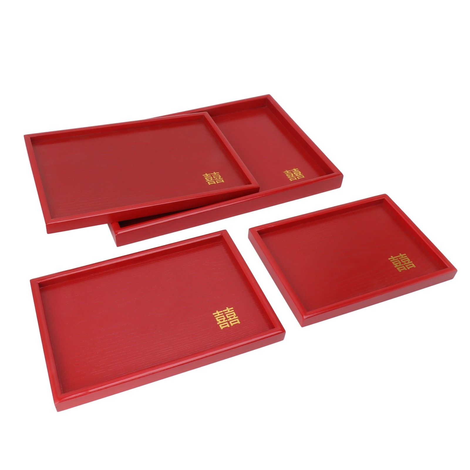 4Pcs Serving Tray Chinese Style Red Wedding Tea Coffee Snack Plate Wooden Fruit Candy Salver Square - Image 7
