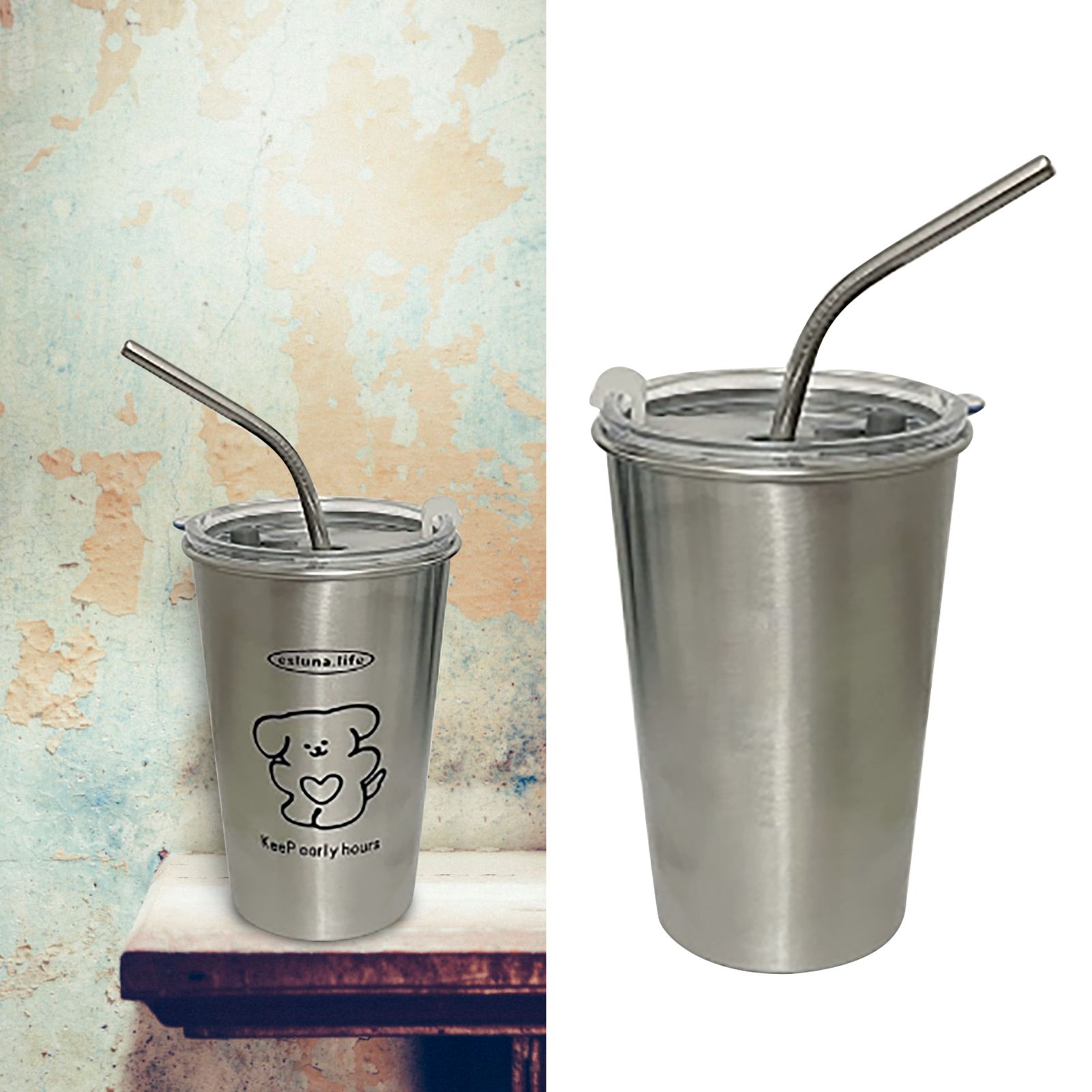 Stainless Steel Cold Tumbler 500ml with Metal Straws Lid Iced Coffee Travel Mug for Coffee Water Tea Loving Dog - Image 5