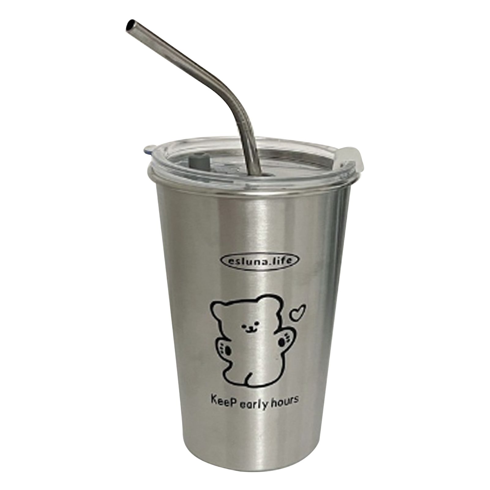 Stainless Steel Cold Tumbler 500ml with Metal Straws Lid Iced Coffee Travel Mug for Coffee Water Tea Happy Bear - Image 1