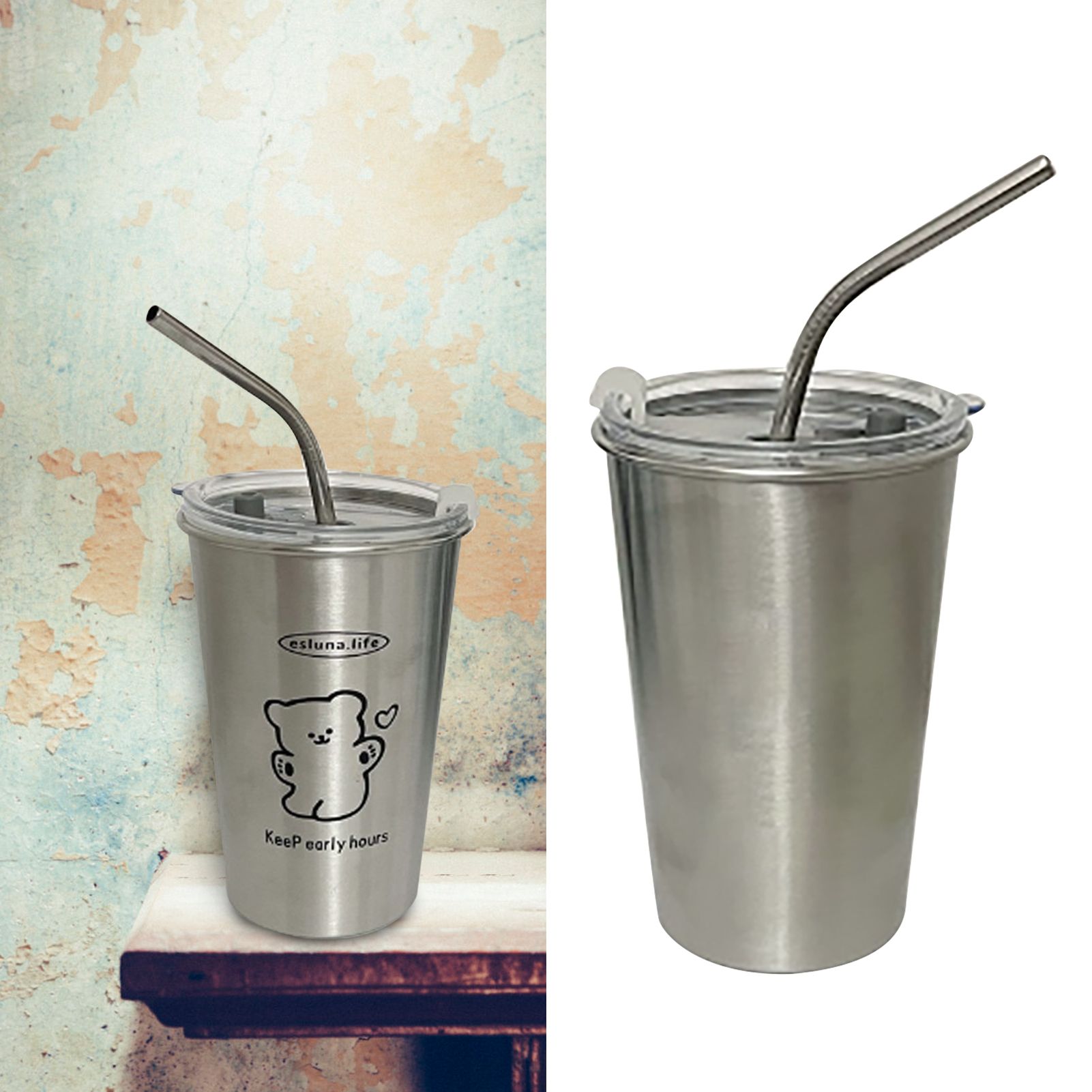 Stainless Steel Cold Tumbler 500ml with Metal Straws Lid Iced Coffee Travel Mug for Coffee Water Tea Happy Bear - Image 5