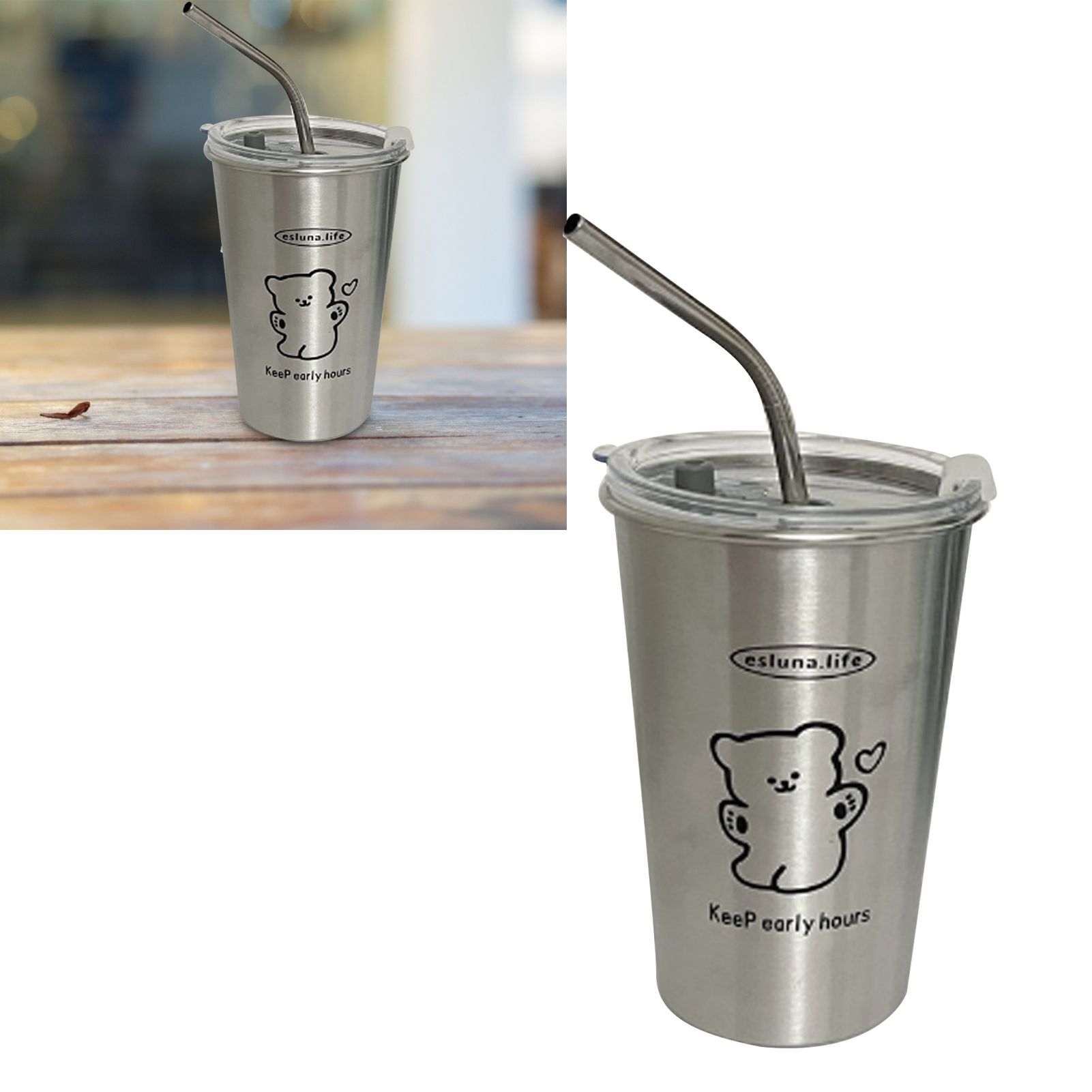 Stainless Steel Cold Tumbler 500ml with Metal Straws Lid Iced Coffee Travel Mug for Coffee Water Tea Happy Bear - Image 6