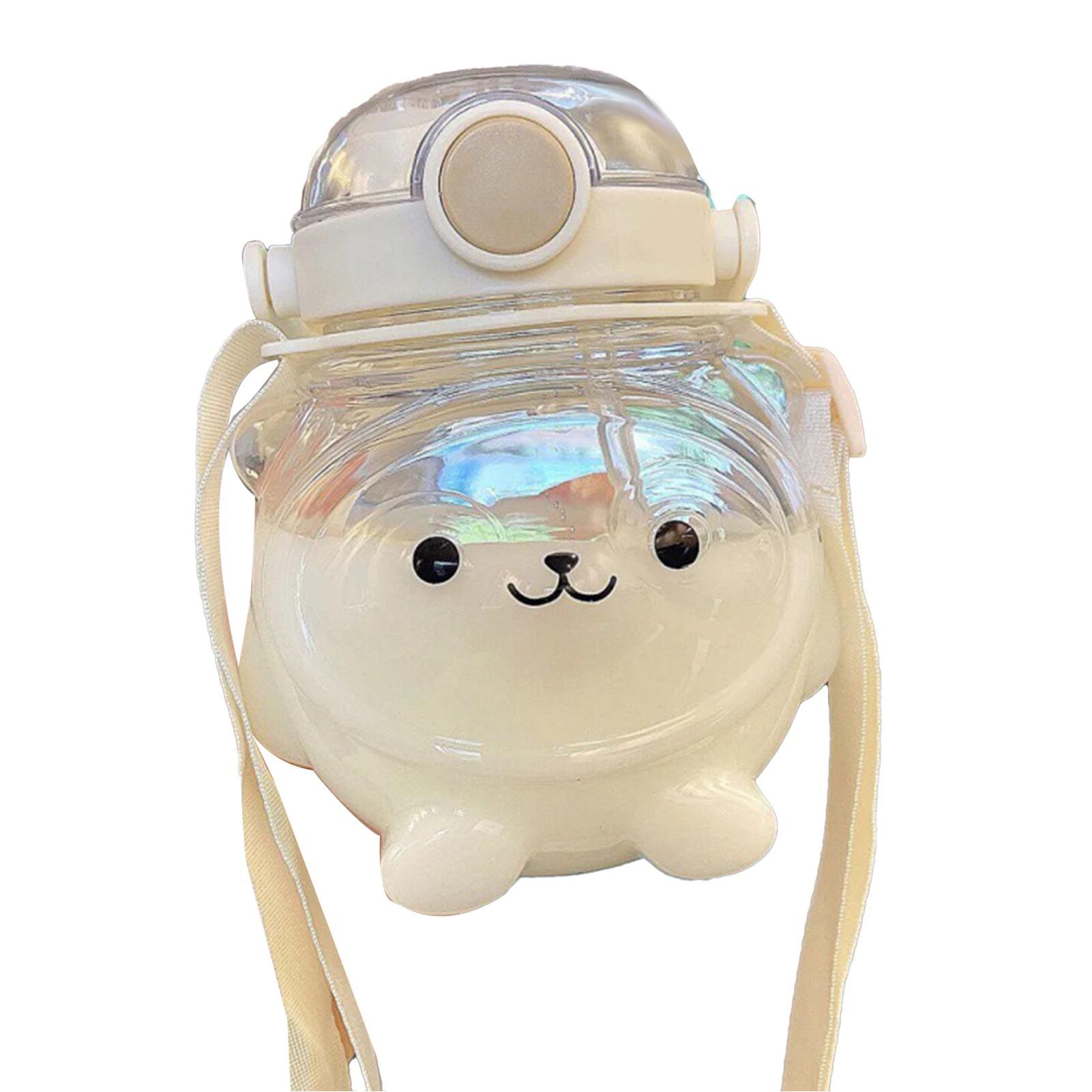 Large Water Bottle 1000ml Cartoon Bear Shape Portable Drinking Bottle with Straw Strap for Summer White - Image 1