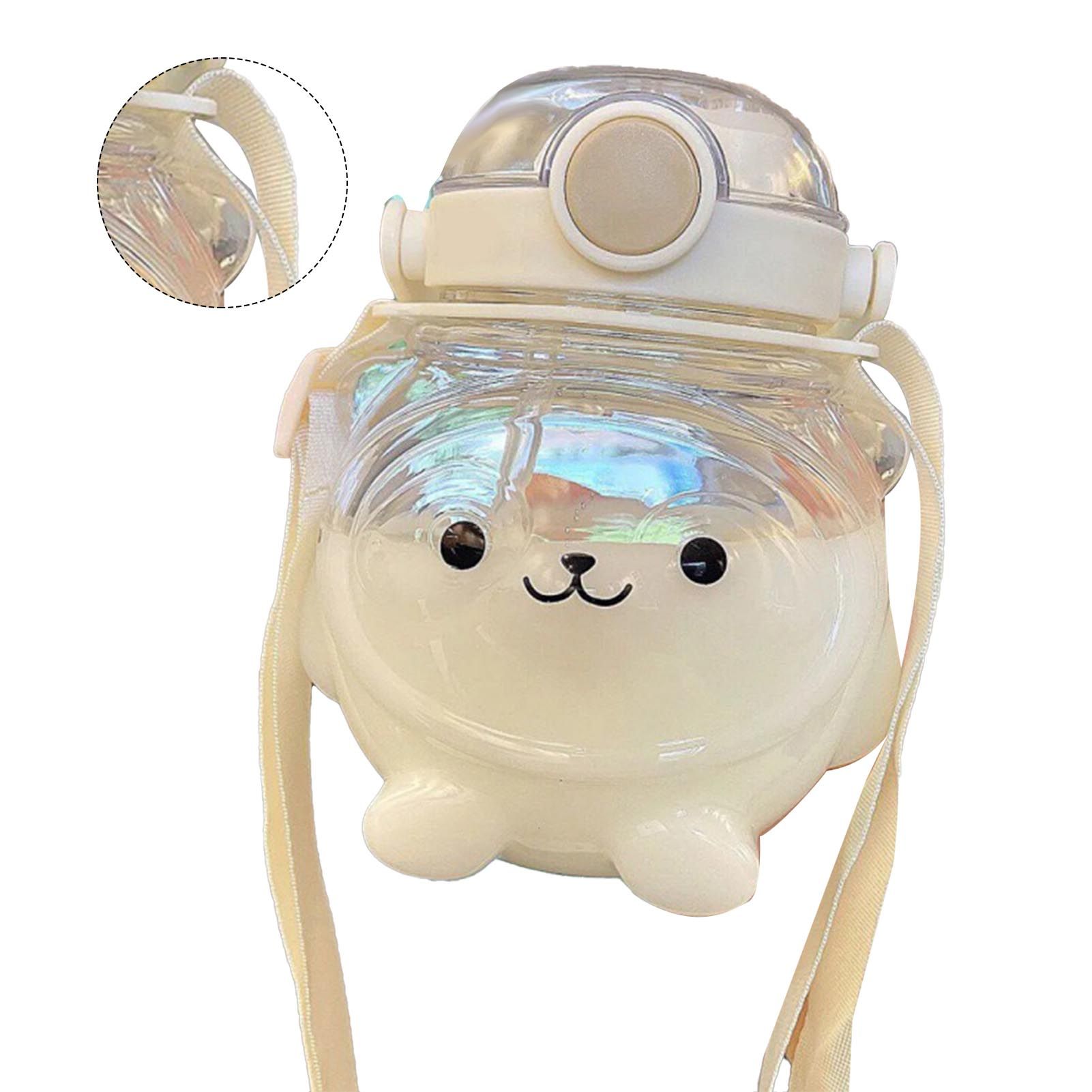 Large Water Bottle 1000ml Cartoon Bear Shape Portable Drinking Bottle with Straw Strap for Summer White - Image 3