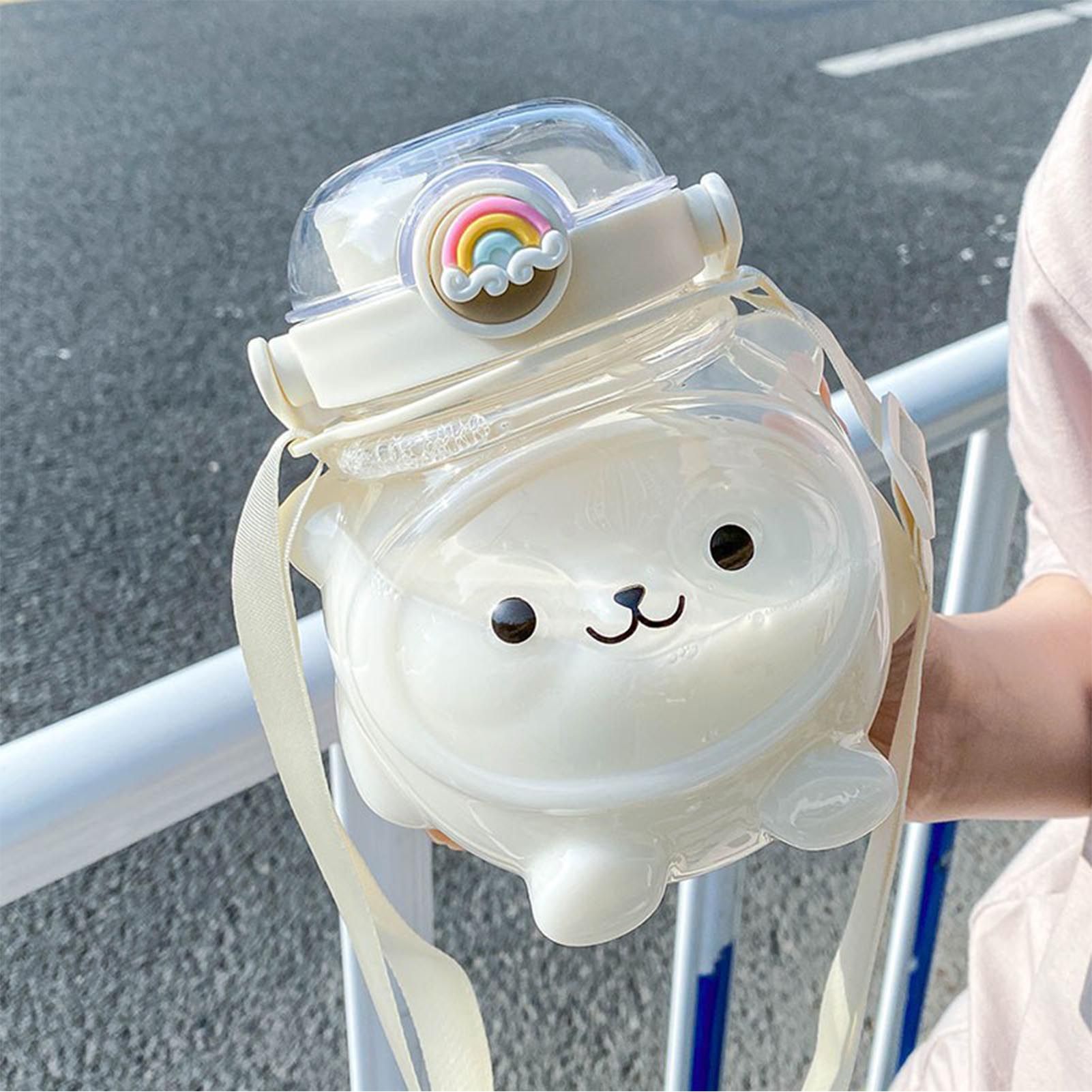 Large Water Bottle 1000ml Cartoon Bear Shape Portable Drinking Bottle with Straw Strap for Summer White - Image 5