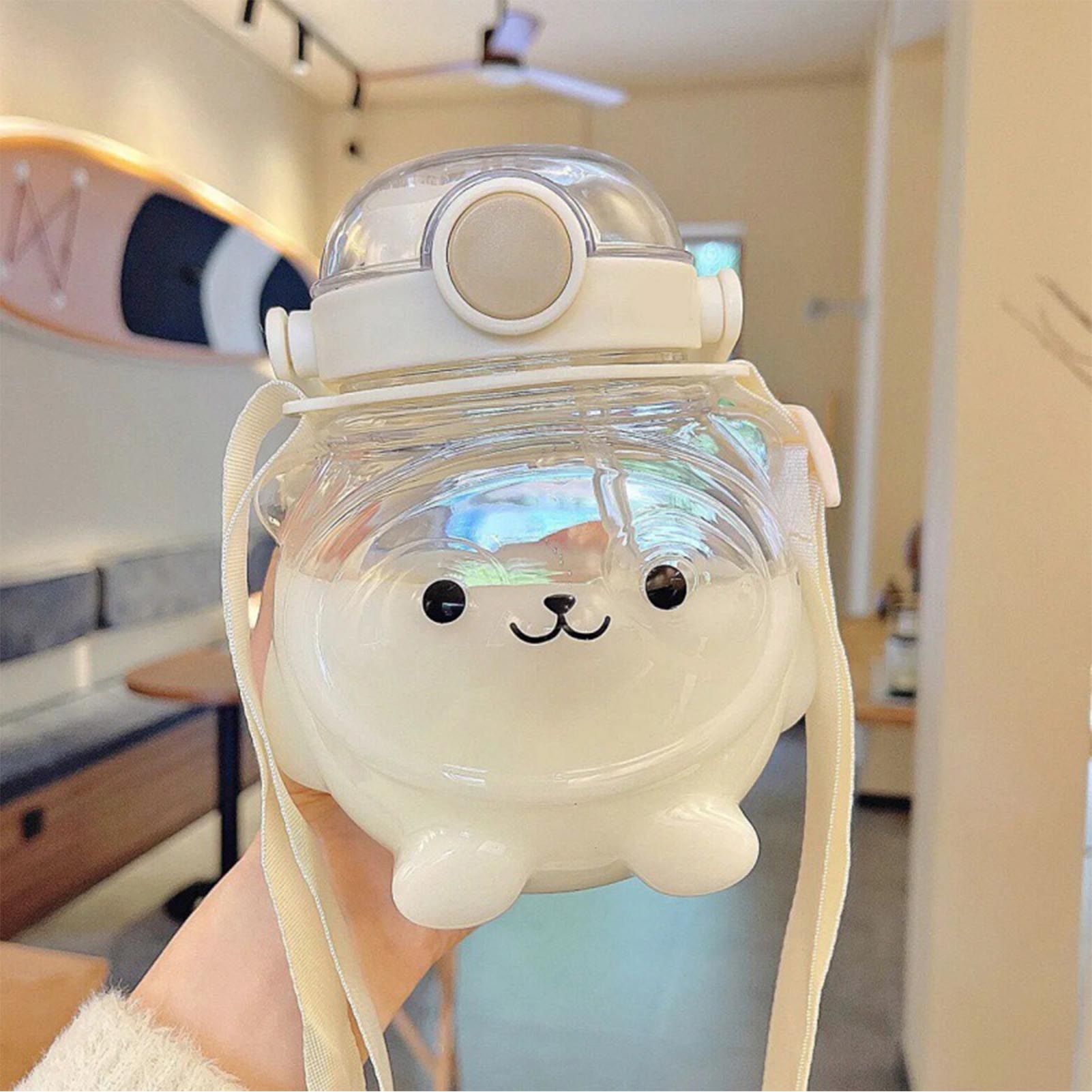 Large Water Bottle 1000ml Cartoon Bear Shape Portable Drinking Bottle with Straw Strap for Summer White - Image 6