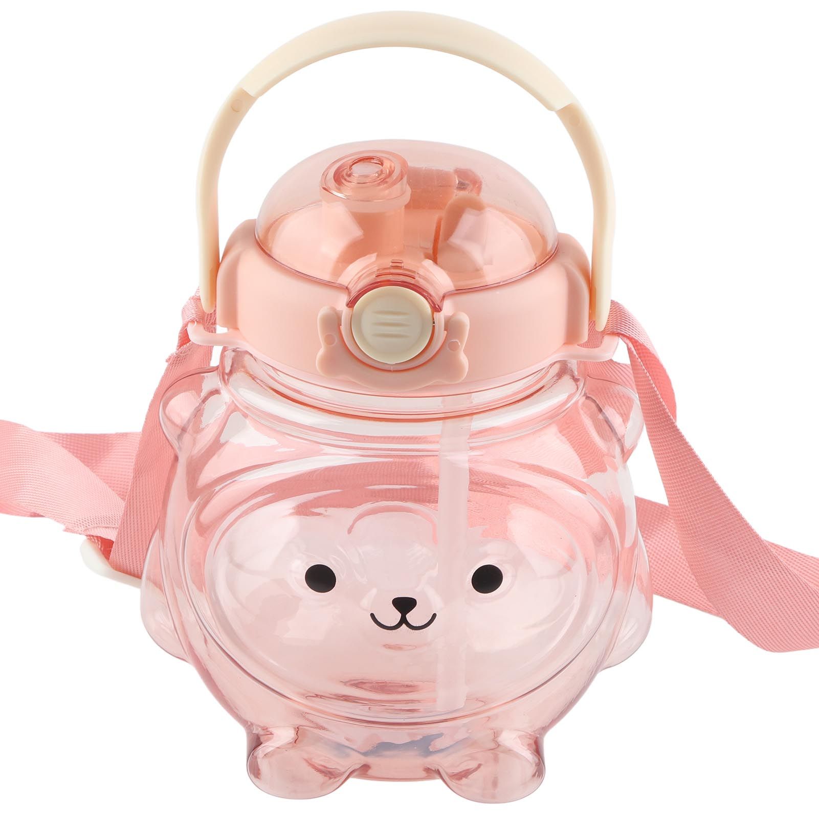 Large Water Bottle 1000ml Cartoon Bear Shape Portable Drinking Bottle with Straw Strap for Summer Pink - Image 1