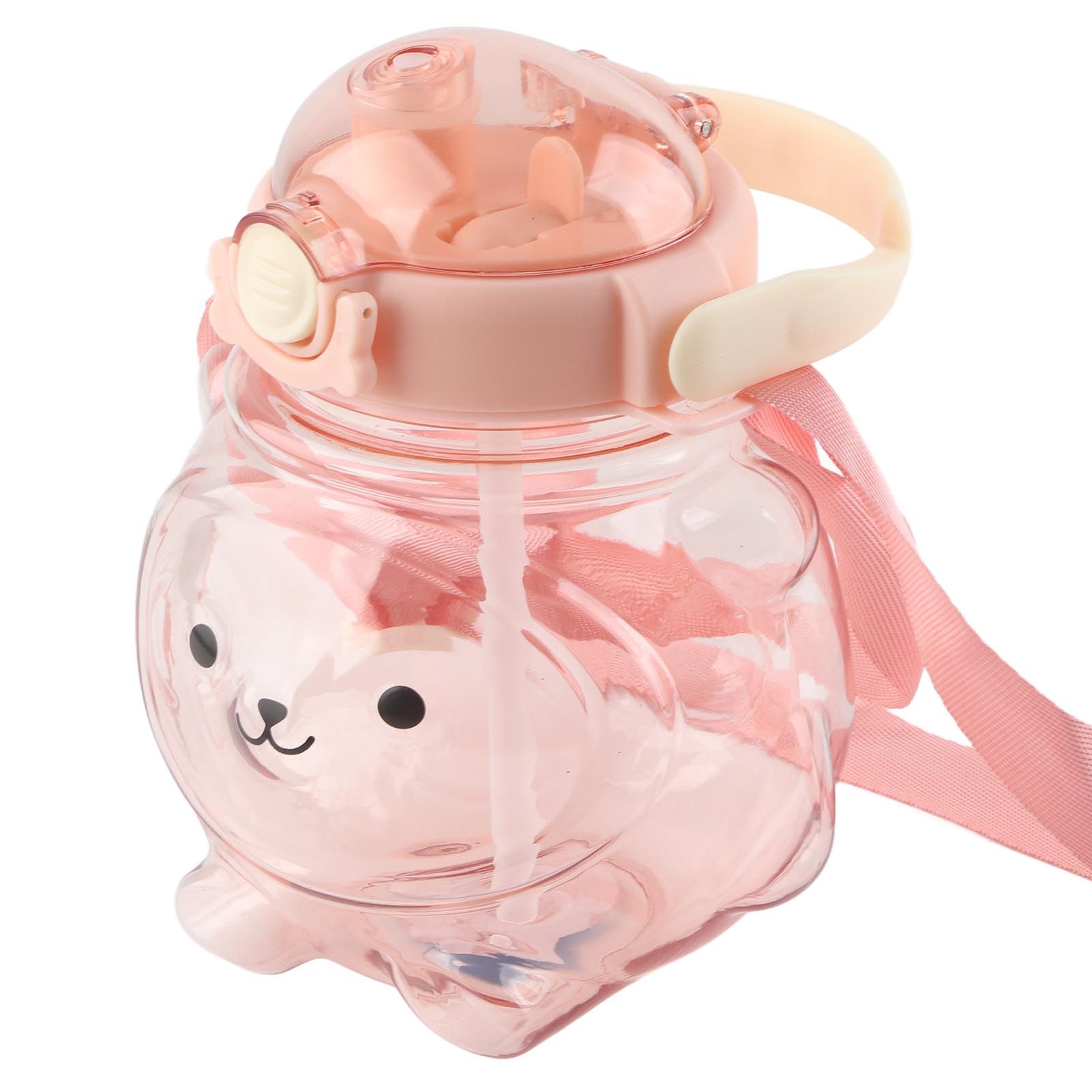 Large Water Bottle 1000ml Cartoon Bear Shape Portable Drinking Bottle with Straw Strap for Summer Pink - Image 3