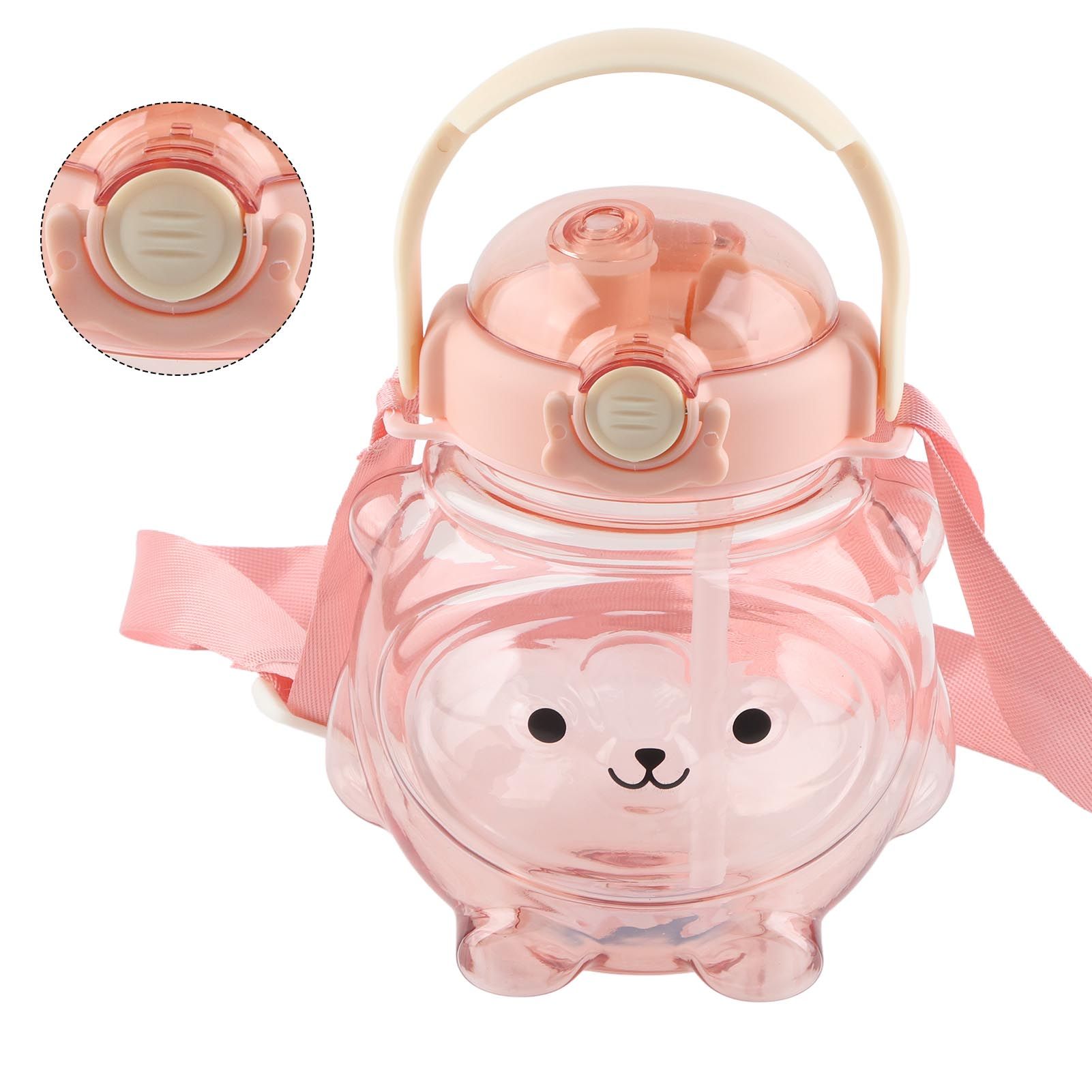 Large Water Bottle 1000ml Cartoon Bear Shape Portable Drinking Bottle with Straw Strap for Summer Pink - Image 4