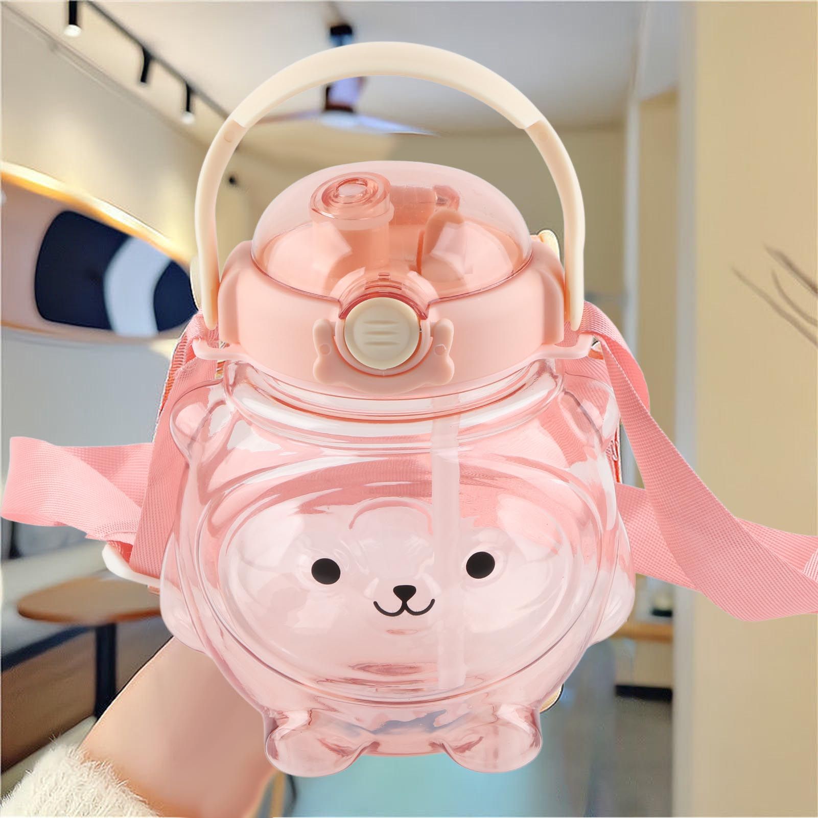Large Water Bottle 1000ml Cartoon Bear Shape Portable Drinking Bottle with Straw Strap for Summer Pink - Image 5