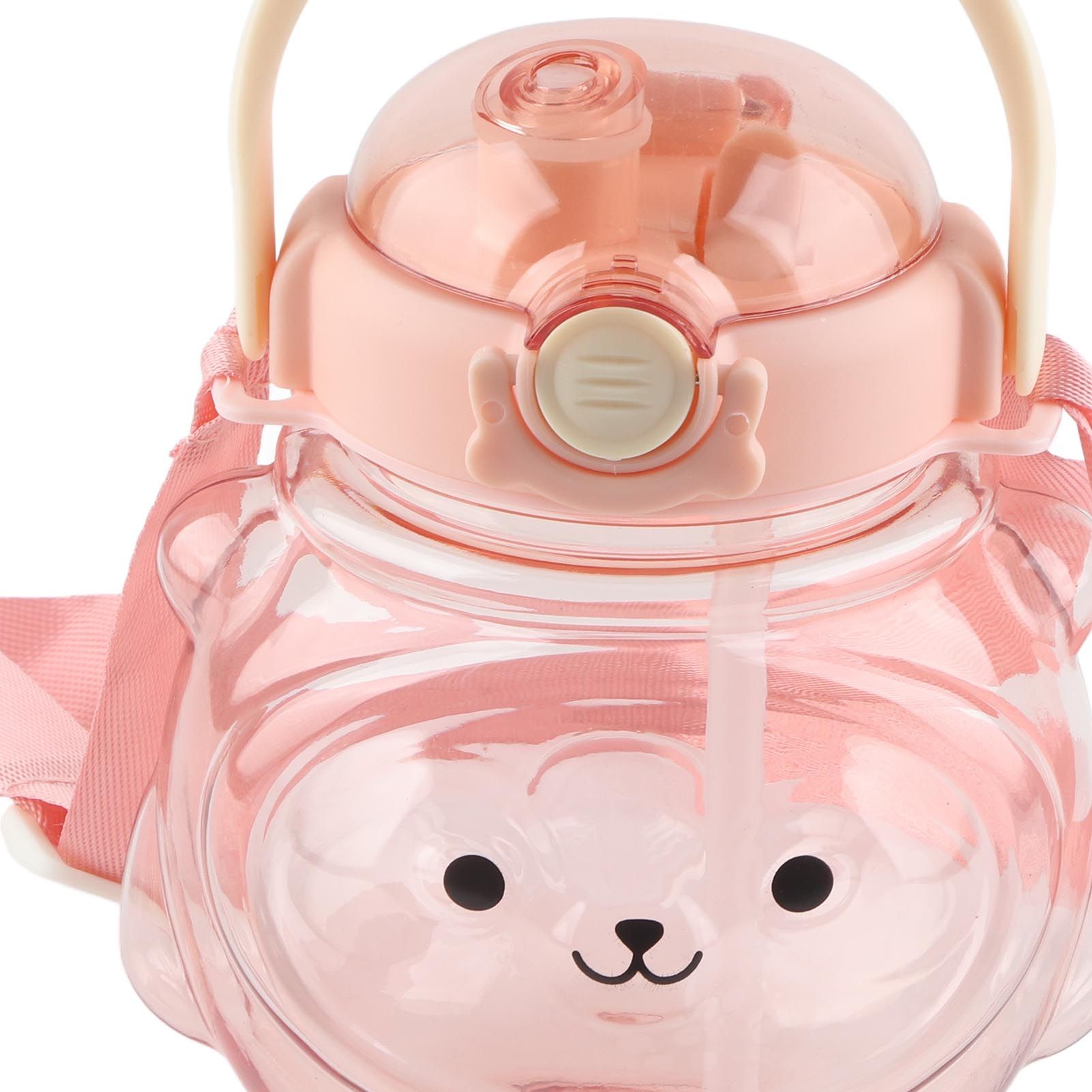 Large Water Bottle 1000ml Cartoon Bear Shape Portable Drinking Bottle with Straw Strap for Summer Pink - Image 7
