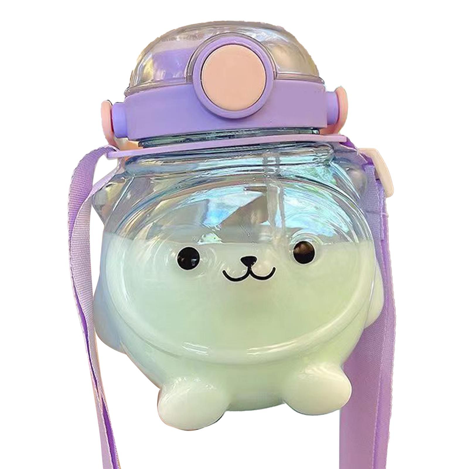 Large Water Bottle 1000ml Cartoon Bear Shape Portable Drinking Bottle with Straw Strap for Summer Purple - Image 1