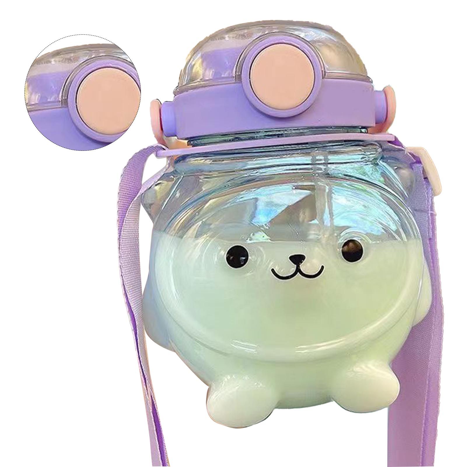 Large Water Bottle 1000ml Cartoon Bear Shape Portable Drinking Bottle with Straw Strap for Summer Purple - Image 2