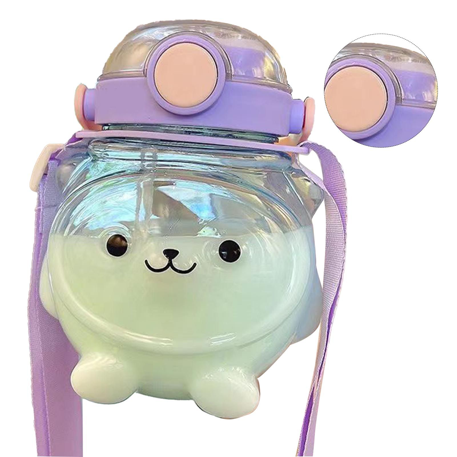 Large Water Bottle 1000ml Cartoon Bear Shape Portable Drinking Bottle with Straw Strap for Summer Purple - Image 4