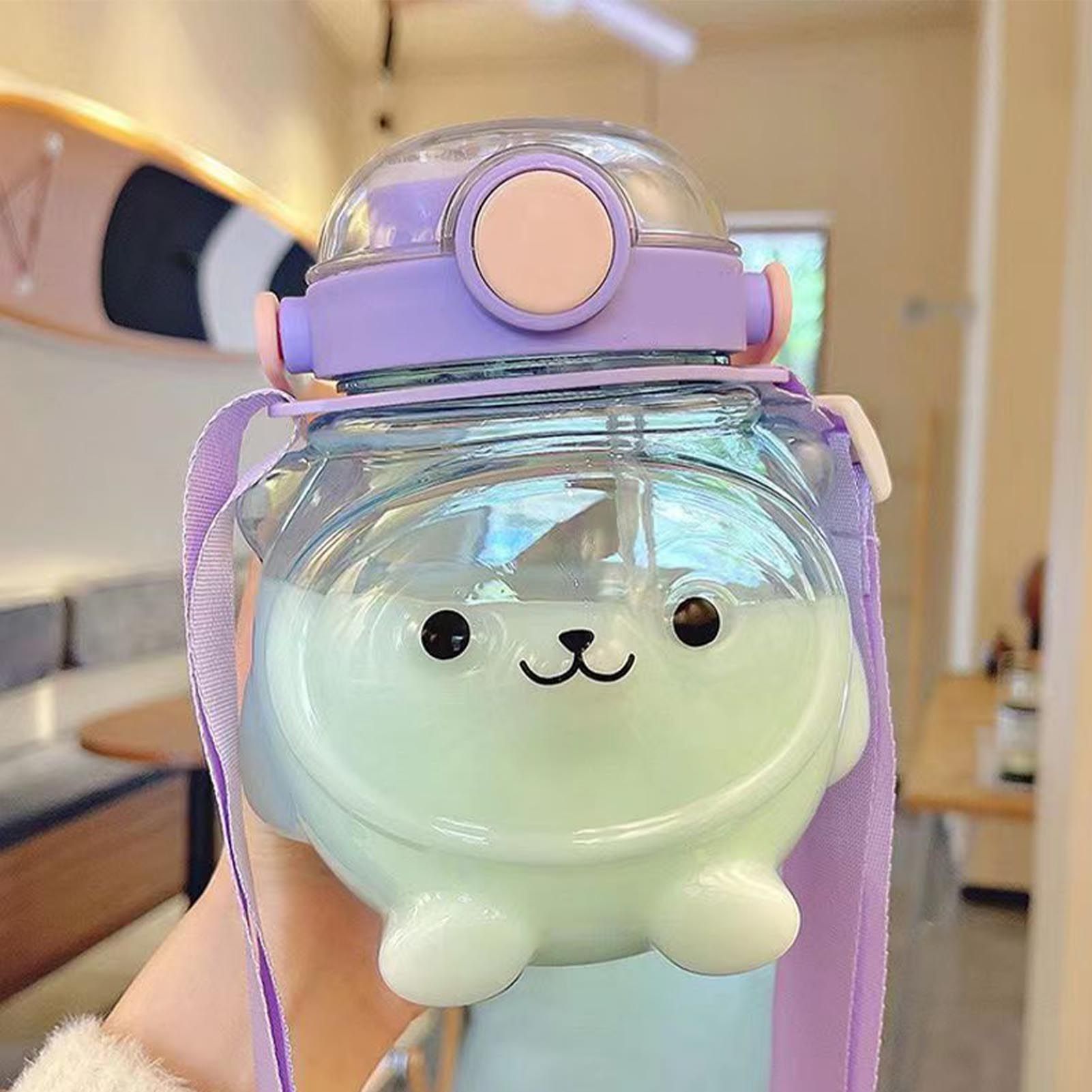 Large Water Bottle 1000ml Cartoon Bear Shape Portable Drinking Bottle with Straw Strap for Summer Purple - Image 5