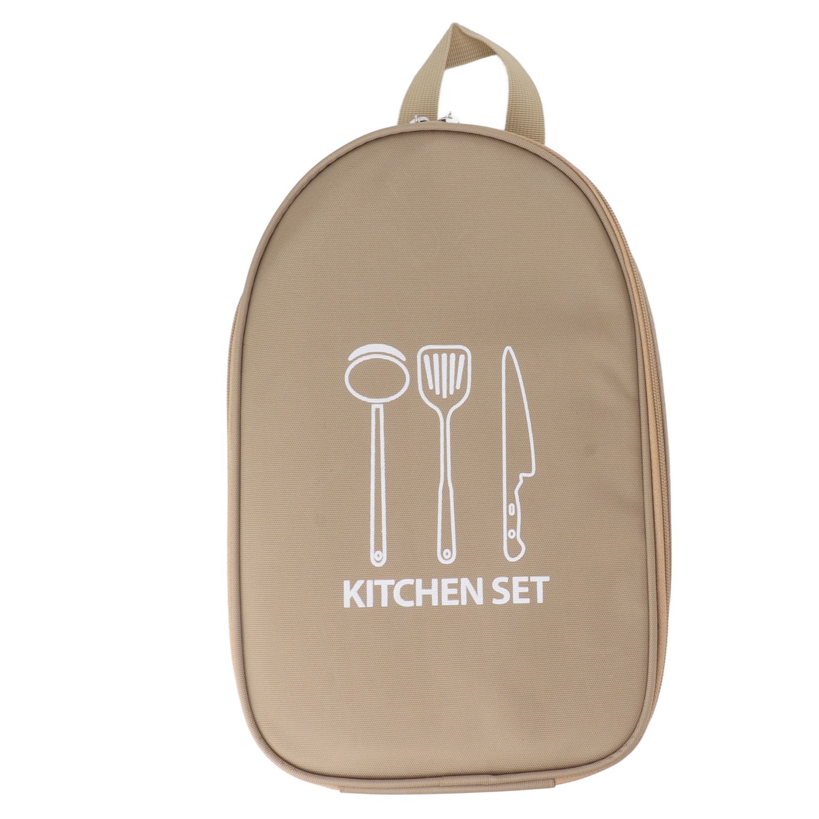 Camping Travel Cooking Utensils Bag Travel Cookware Pouch Bag with Handle for BBQ Camp Cookware Kitchen Kit Khaki - Image 1