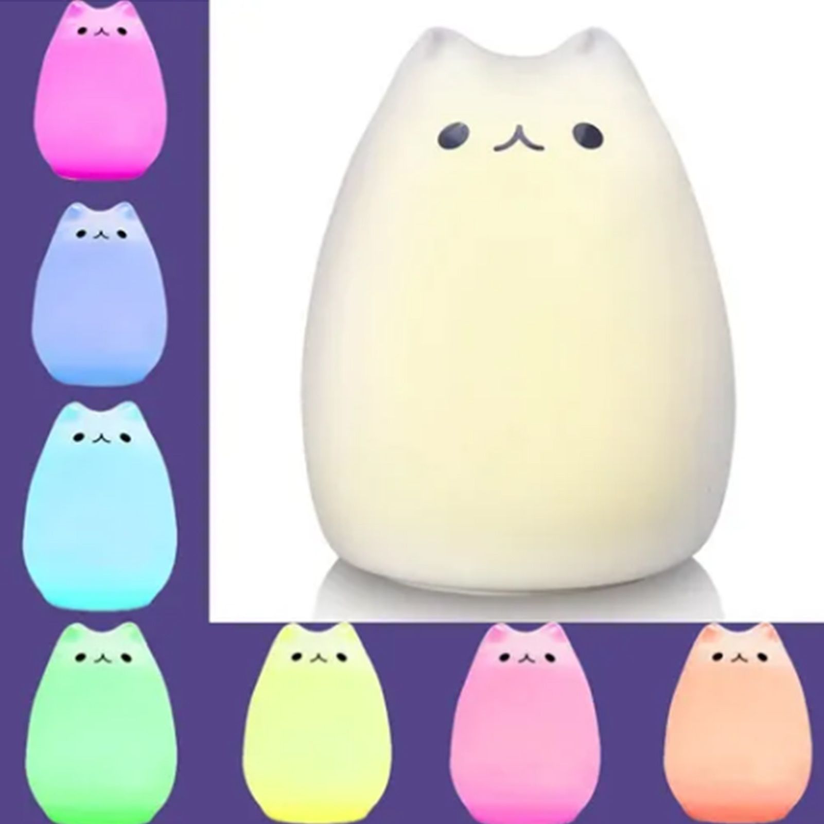 Cute Cat Night Light for Kids 7 Color LED Tap Nursery Night Light USB Rechargeable Bedside Night Lamp - Image 3