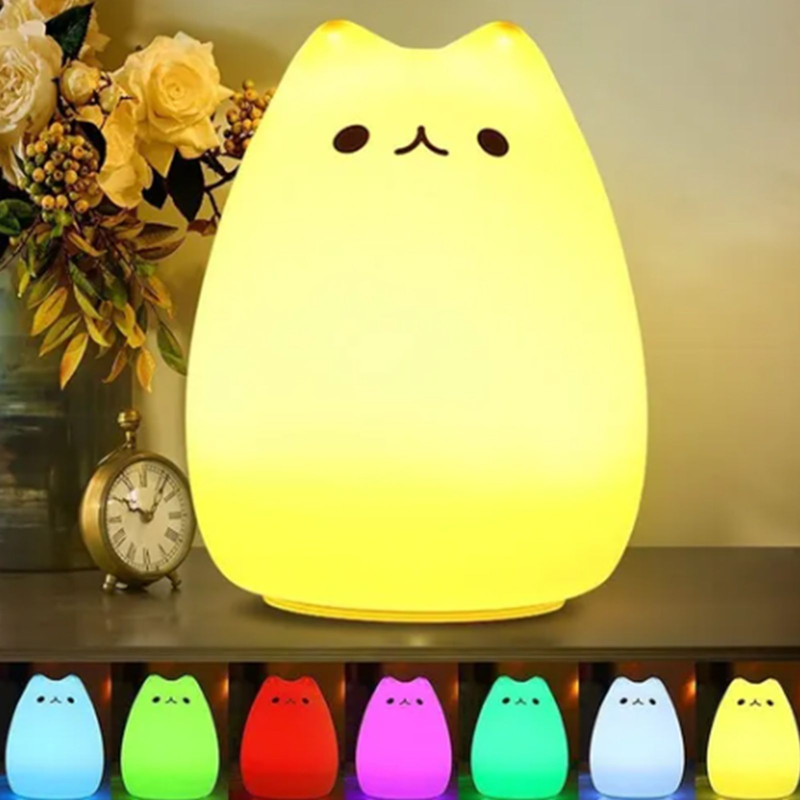 Cute Cat Night Light for Kids 7 Color LED Tap Nursery Night Light USB Rechargeable Bedside Night Lamp - Image 5