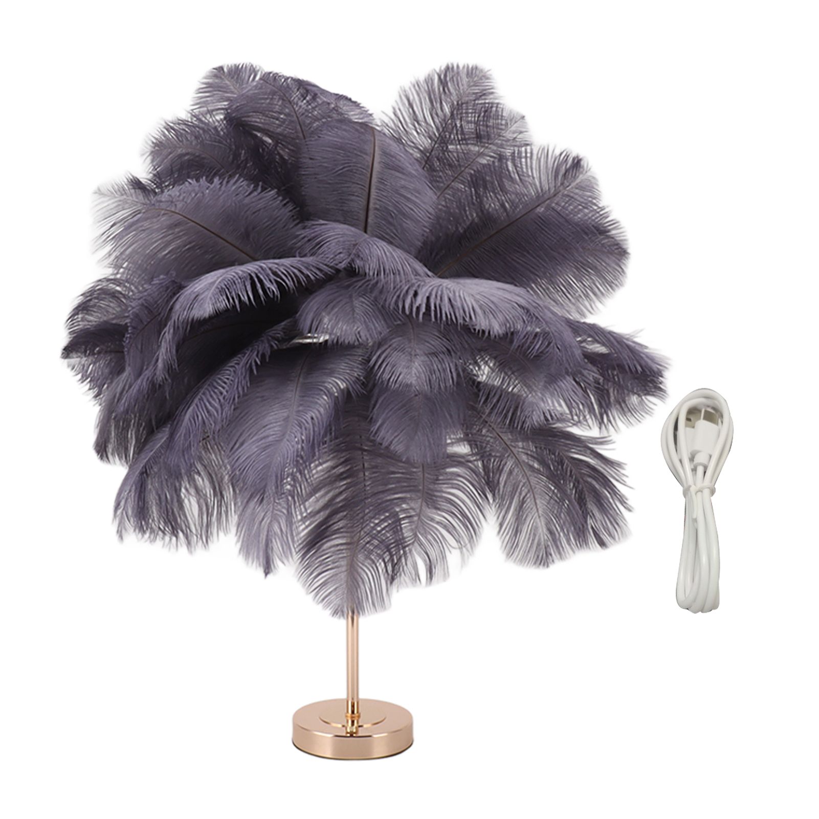 Ostrich Feather Table Lamp Rechargeable Modern Romantic Decoration Lamp Bedroom Bedside Lamp for Home Decoration Grey - Image 1