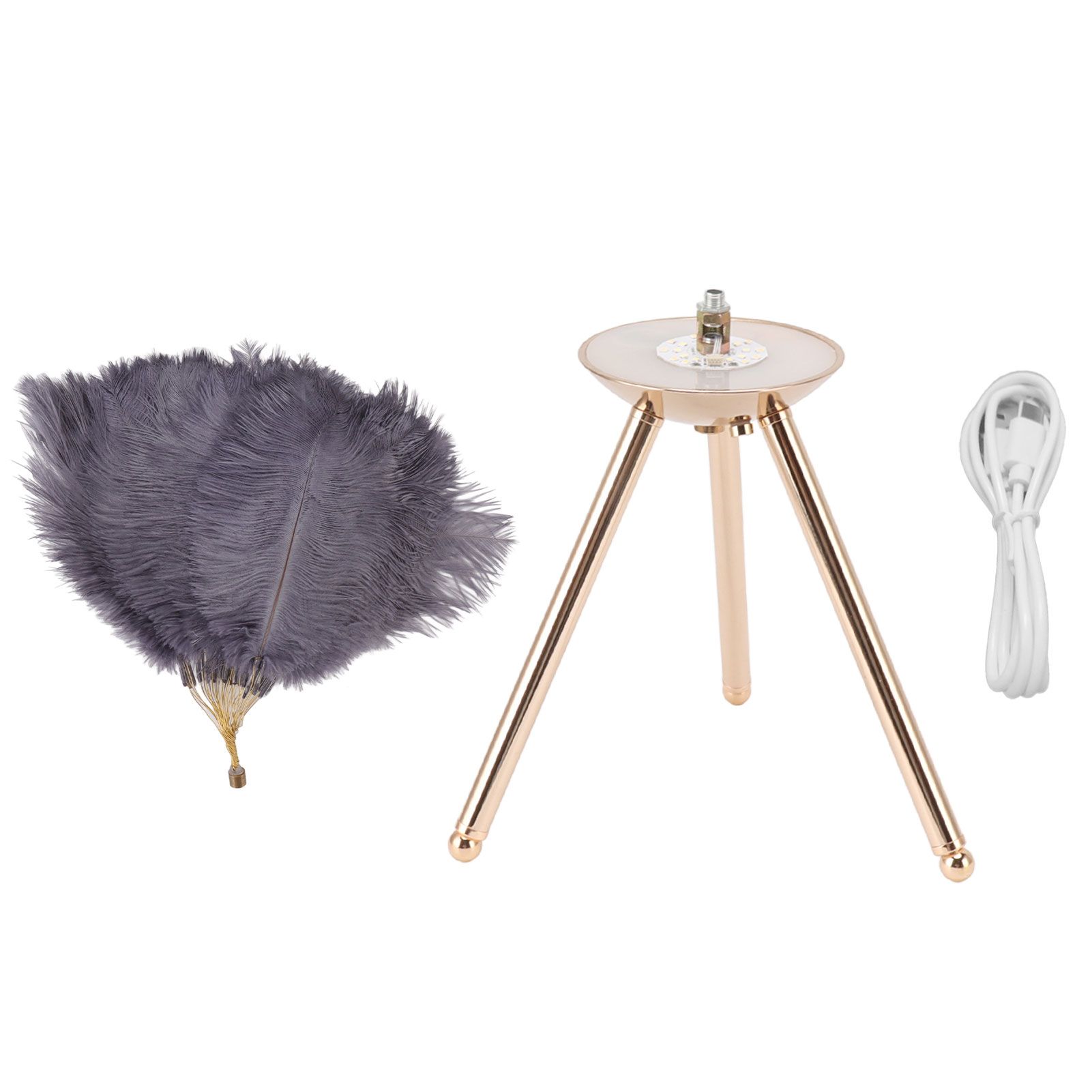 Feather Table Lamp USB Rechargeable Ostrich Feather Desk Light with Gold Tripod for Bedroom 40Pcs Artificial Feather Grey - Image 1