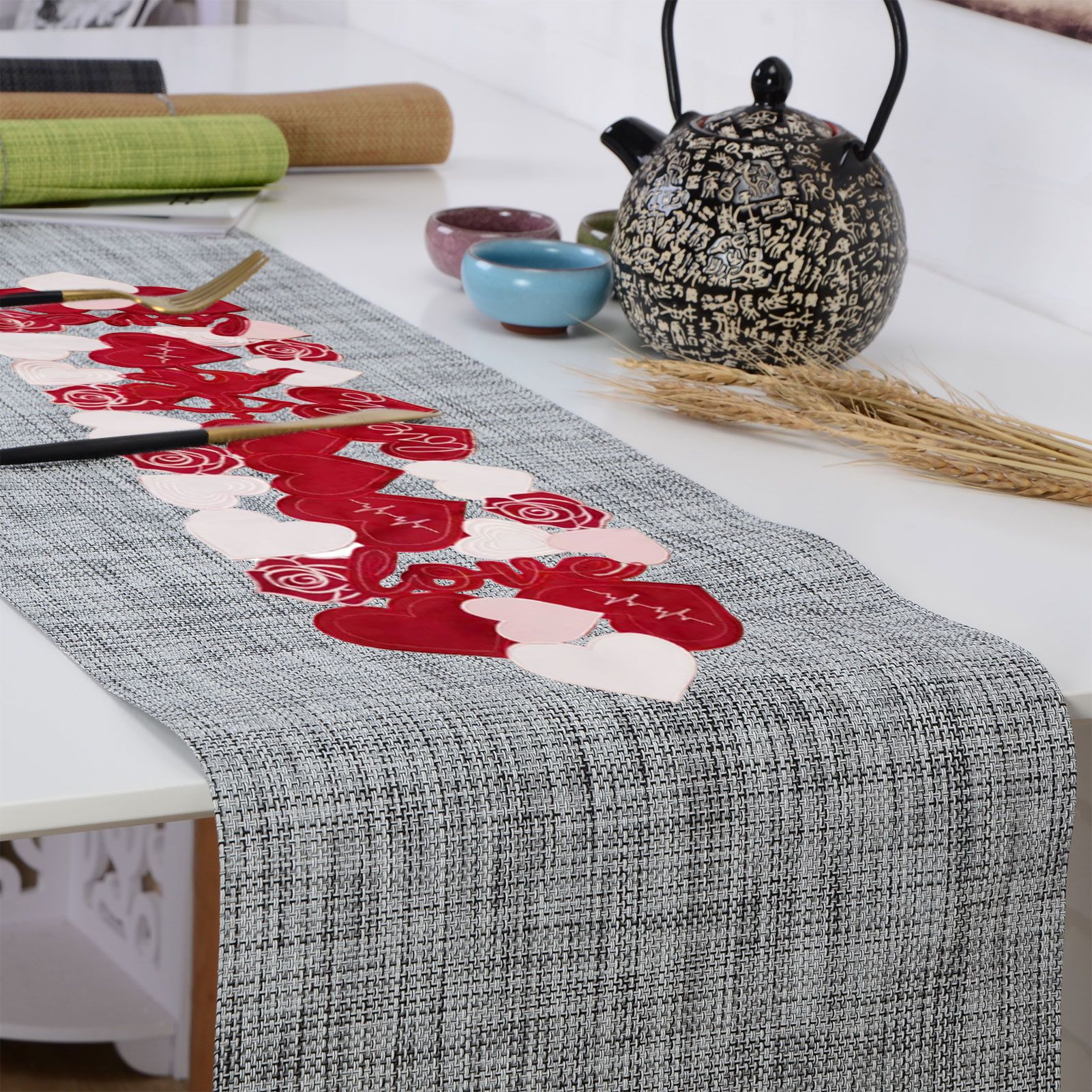 Valentine's Day Love Heart Proposal Embroidery Table Runner Placemats, European Style Love Heart Tea Table Dining Decoration Mats - Image 6