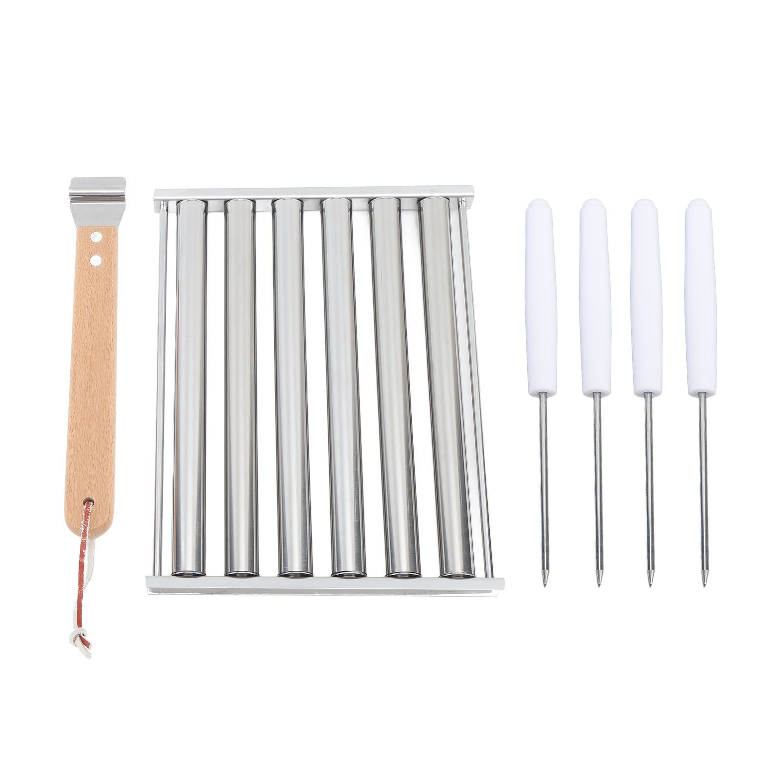 Detachable Stainless Steel Hot Dog Sausage Roller Rack Steamer With Extra Long Wood Handle 4 Skewers 6 Stick Design BBQ Tools L - Image 1