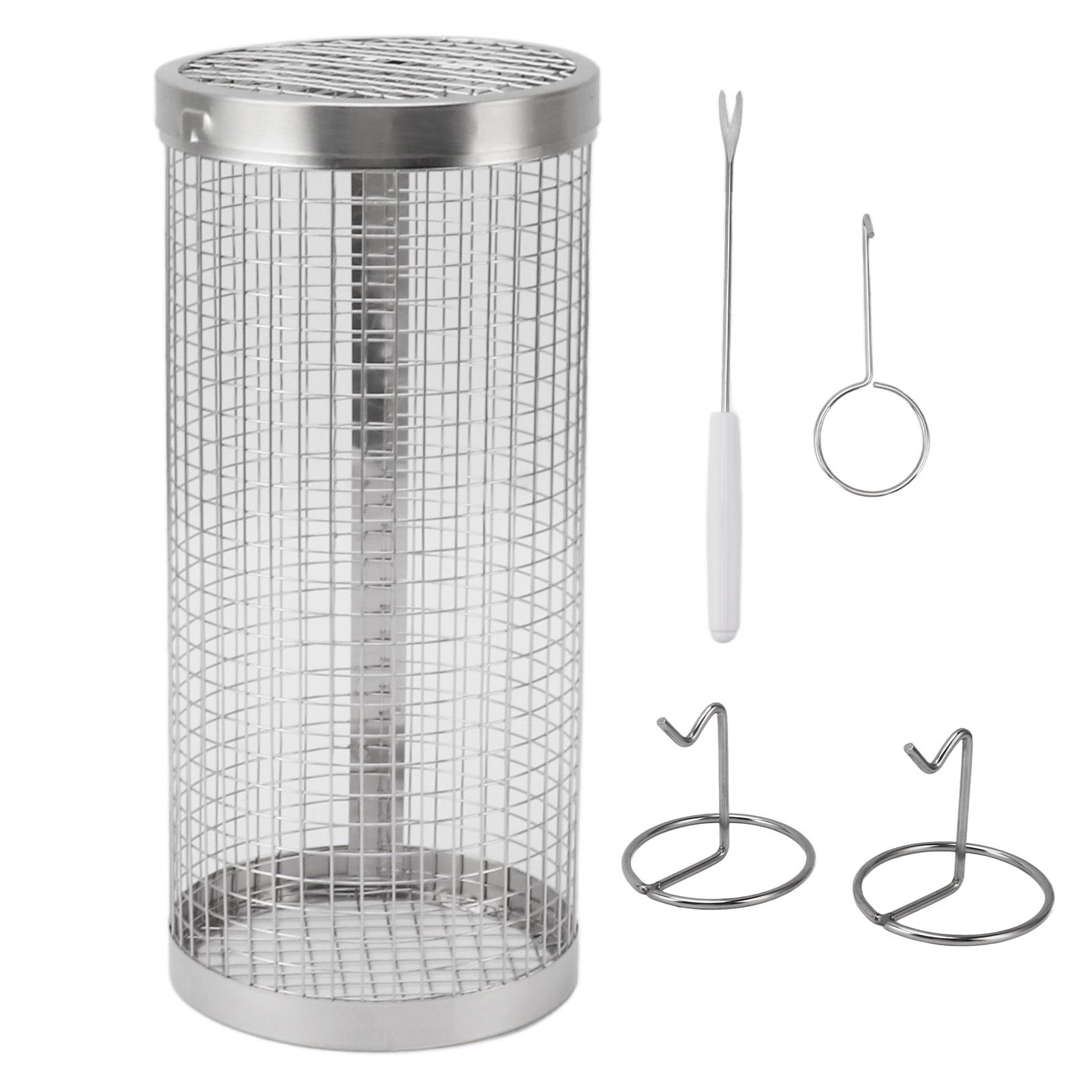 BBQ Net Tube Rolling Grilling Basket Stainless Steel Wire Mesh Cylinder Grill Basket with Fork Hook for Outdoor Barbecue Camping S - Image 1