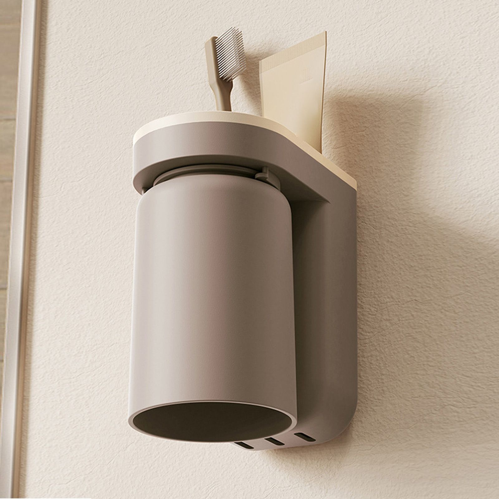 Wall Mounted Toothbrush Holder with Drainage Function Self Adhesive Toothbrush Holder with Cups for Bathroom Caramel Brown - Image 5