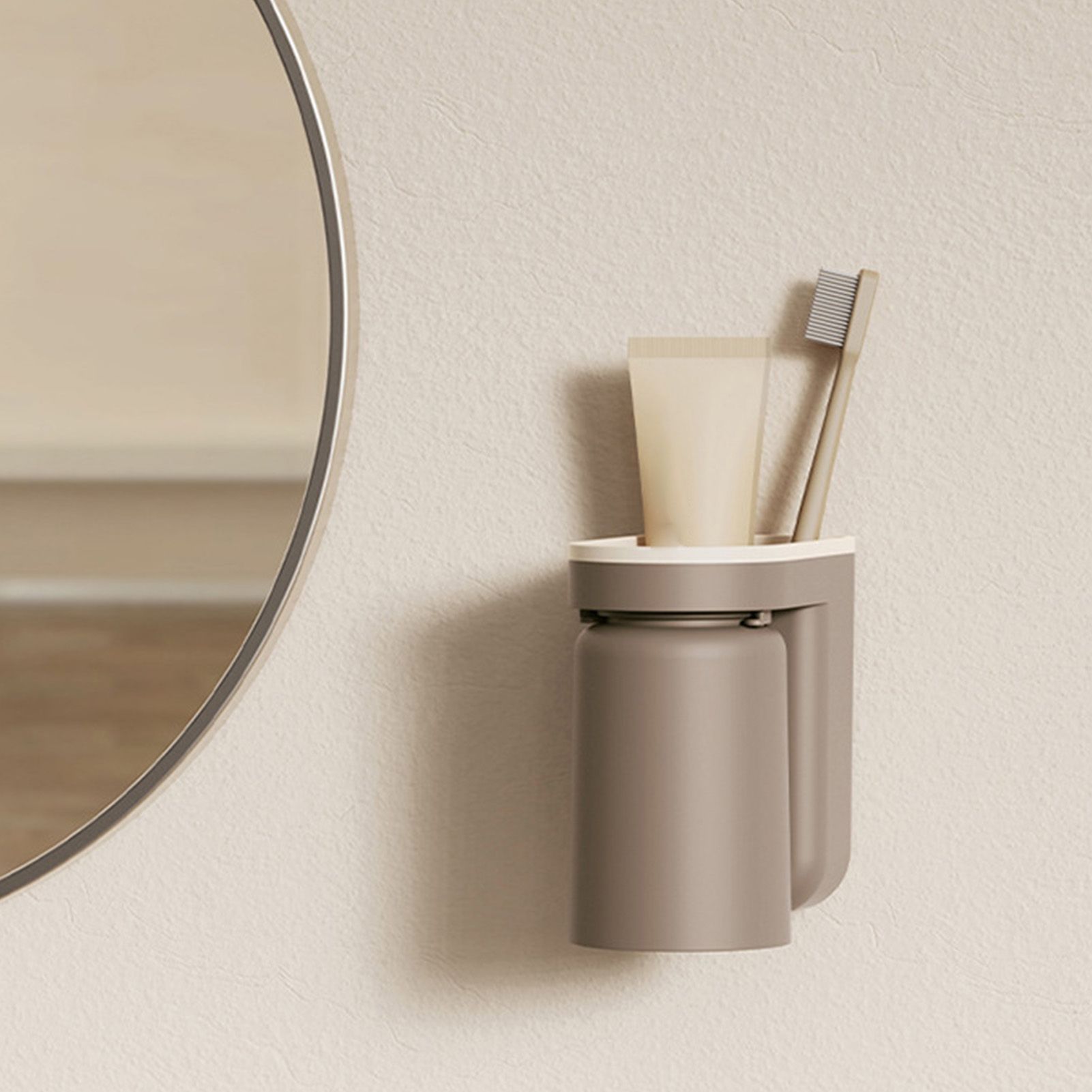 Wall Mounted Toothbrush Holder with Drainage Function Self Adhesive Toothbrush Holder with Cups for Bathroom Caramel Brown - Image 6