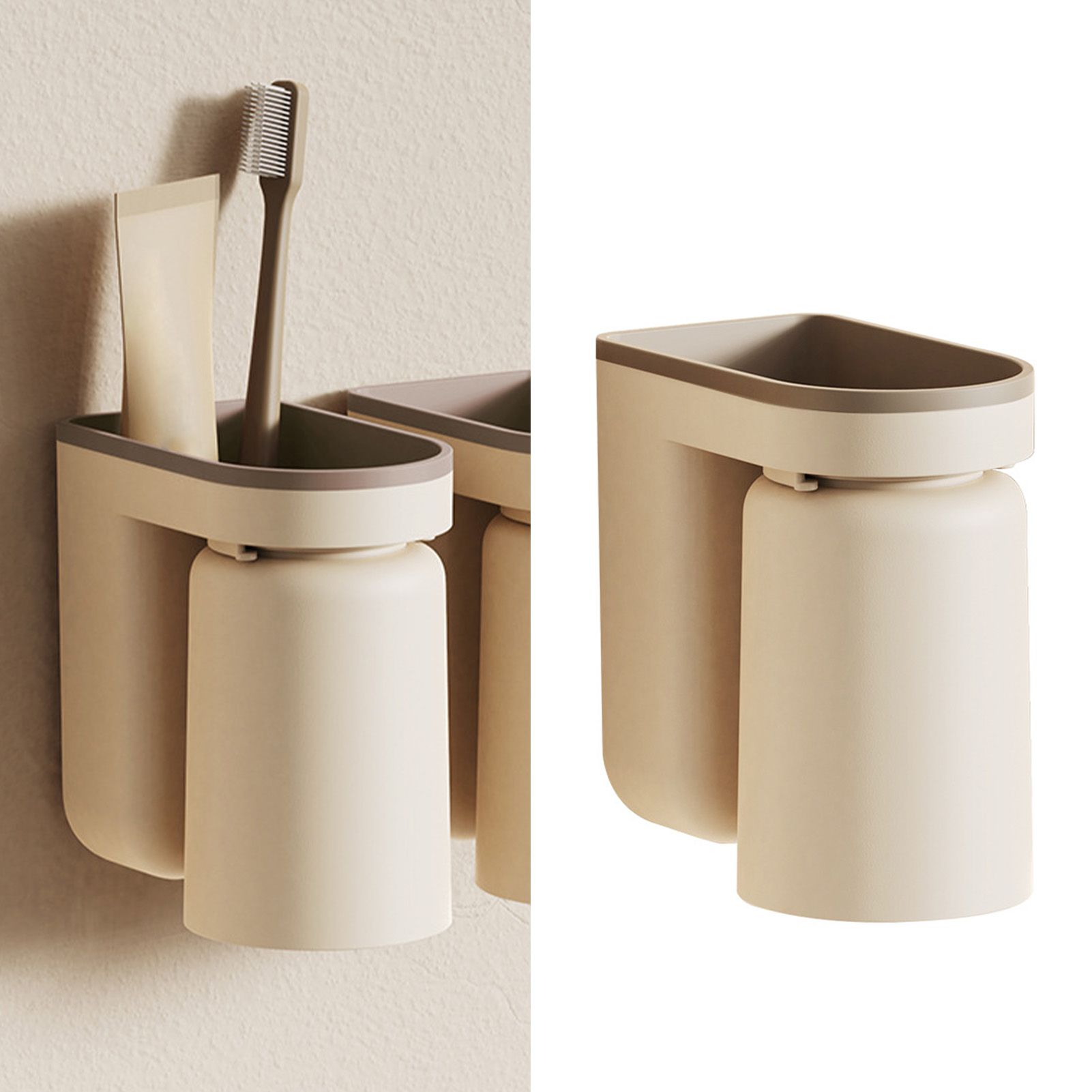 Wall Mounted Toothbrush Holder with Drainage Function Self Adhesive Toothbrush Holder with Cups for Bathroom Beige - Image 4