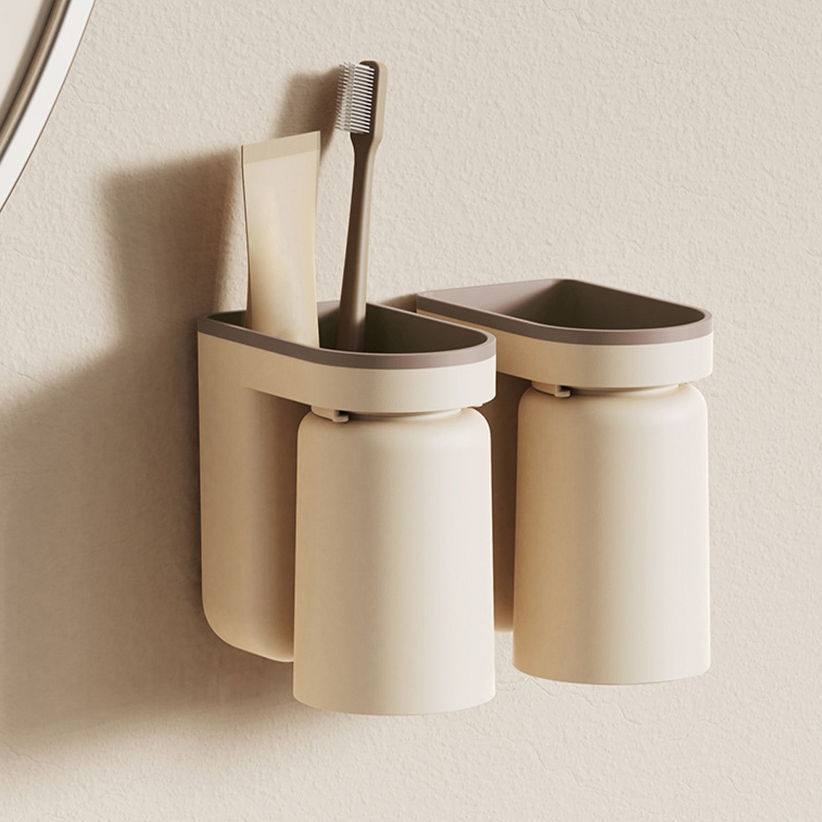 Wall Mounted Toothbrush Holder with Drainage Function Self Adhesive Toothbrush Holder with Cups for Bathroom Beige - Image 5