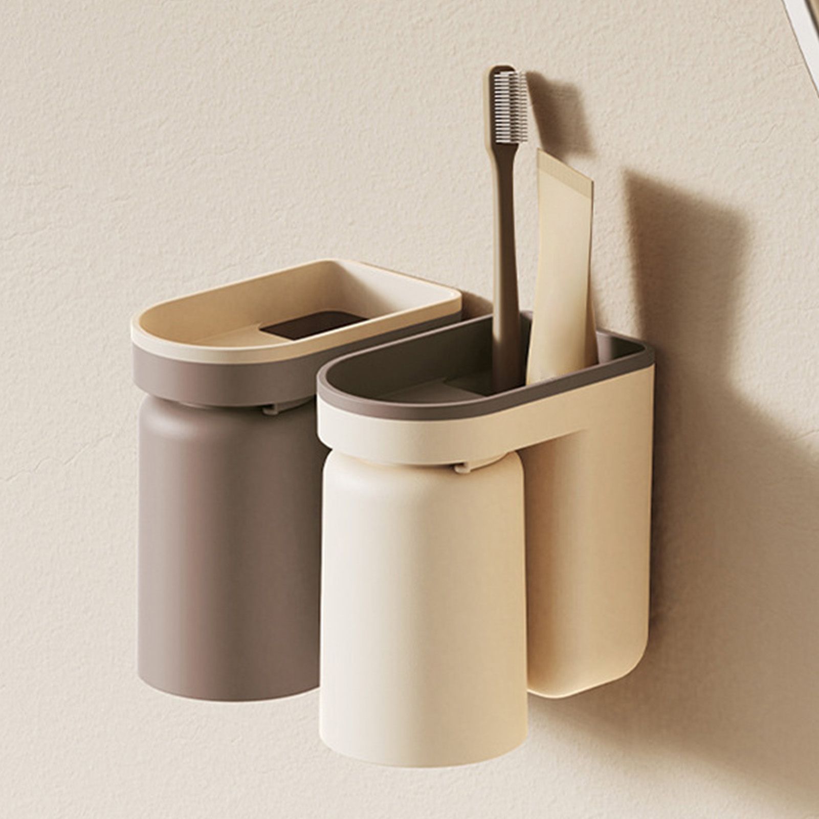 Wall Mounted Toothbrush Holder with Drainage Function Self Adhesive Toothbrush Holder with Cups for Bathroom Beige - Image 6