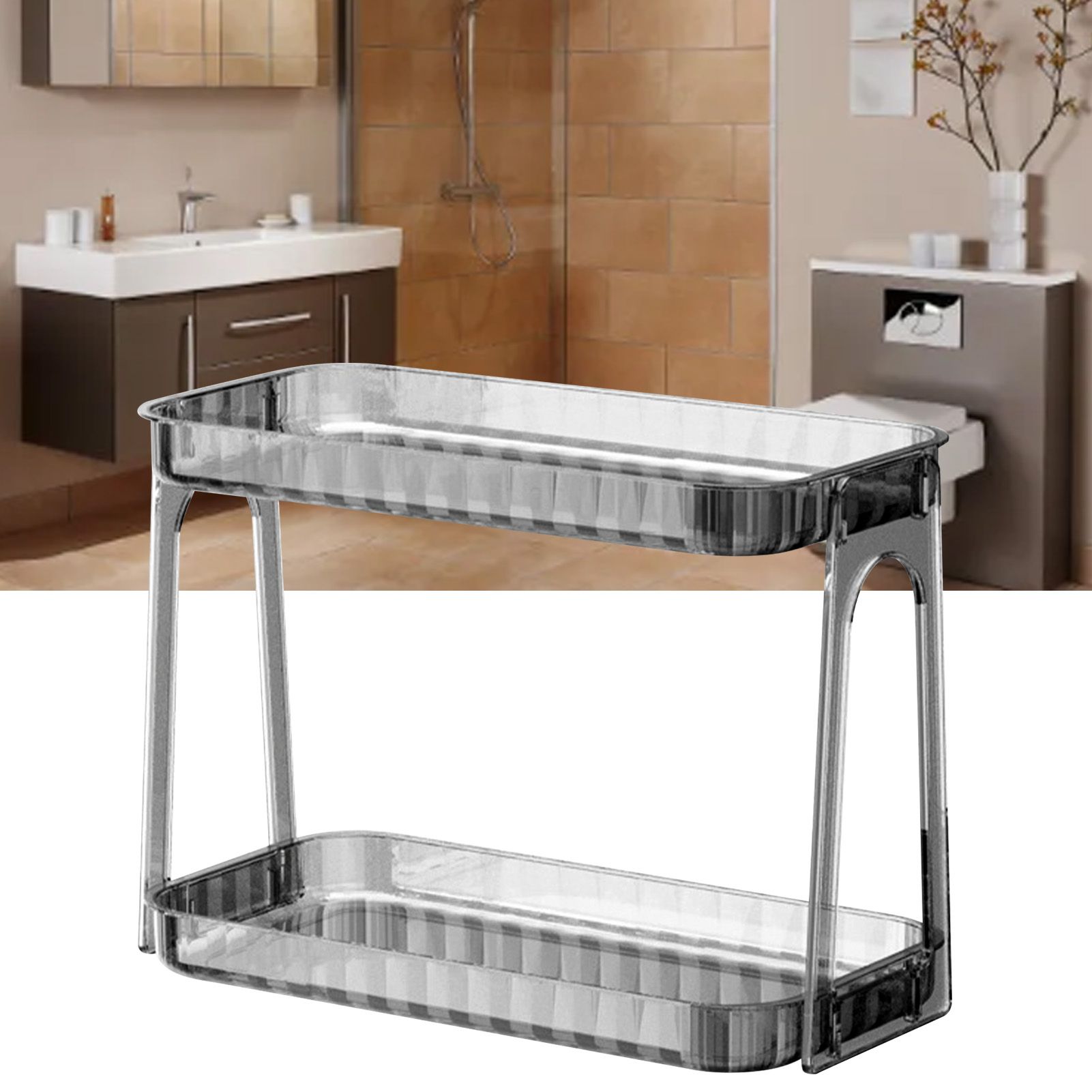 Cosmetic Storage Rack Double Layer Clear Detachable Modern Countertop Cosmetic Organizer for Dressing Table Smoke Gray - Image 6