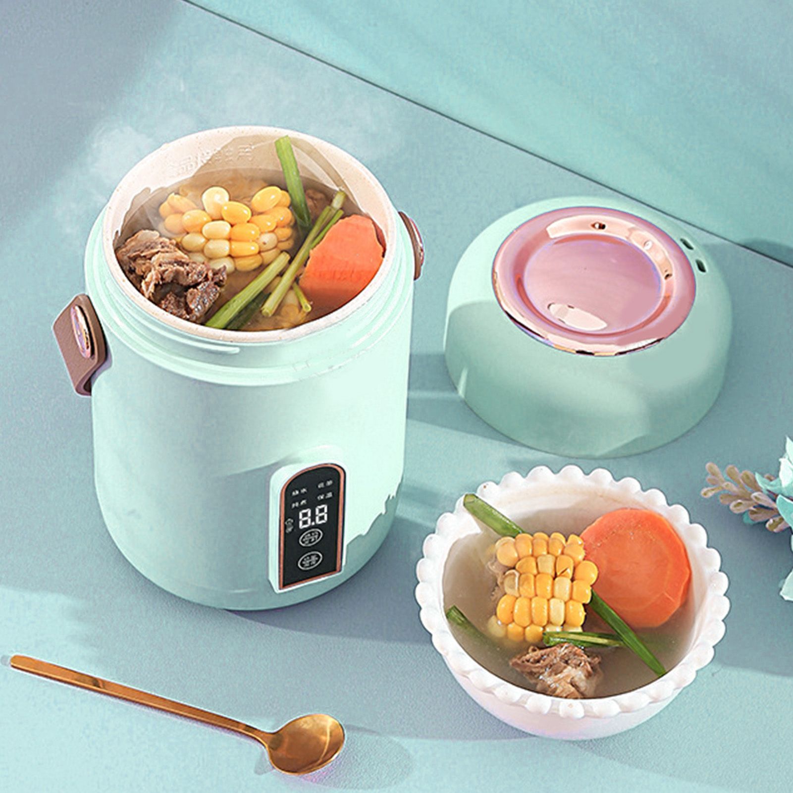 Mini Rice Cooker Efficient Heating Insulated Portable Multifunction Soup Porridge Stewpot for Home Office Dorm Green - Image 5