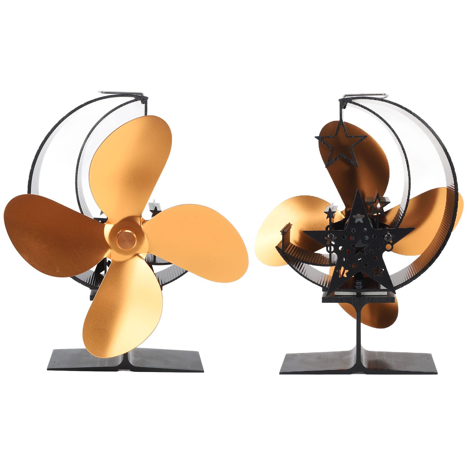 Wood Stove Fan 4 Blades Fireplace Fan Heat Powered Fast Warm Circulation Moon Star Pattern Termal Fan for Camping Outdoor Gold - Image 5